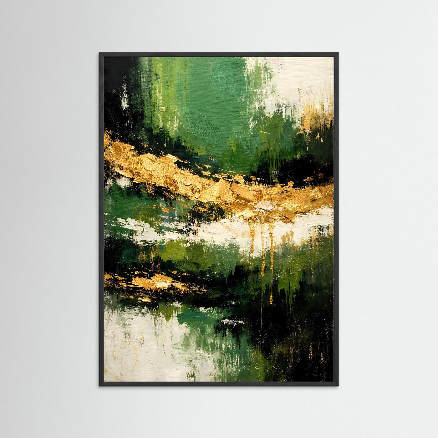 Abstraktes Poster im Hochformat mit schwarzem Holzrahmen; moosgrün, creme, goldene Akzente