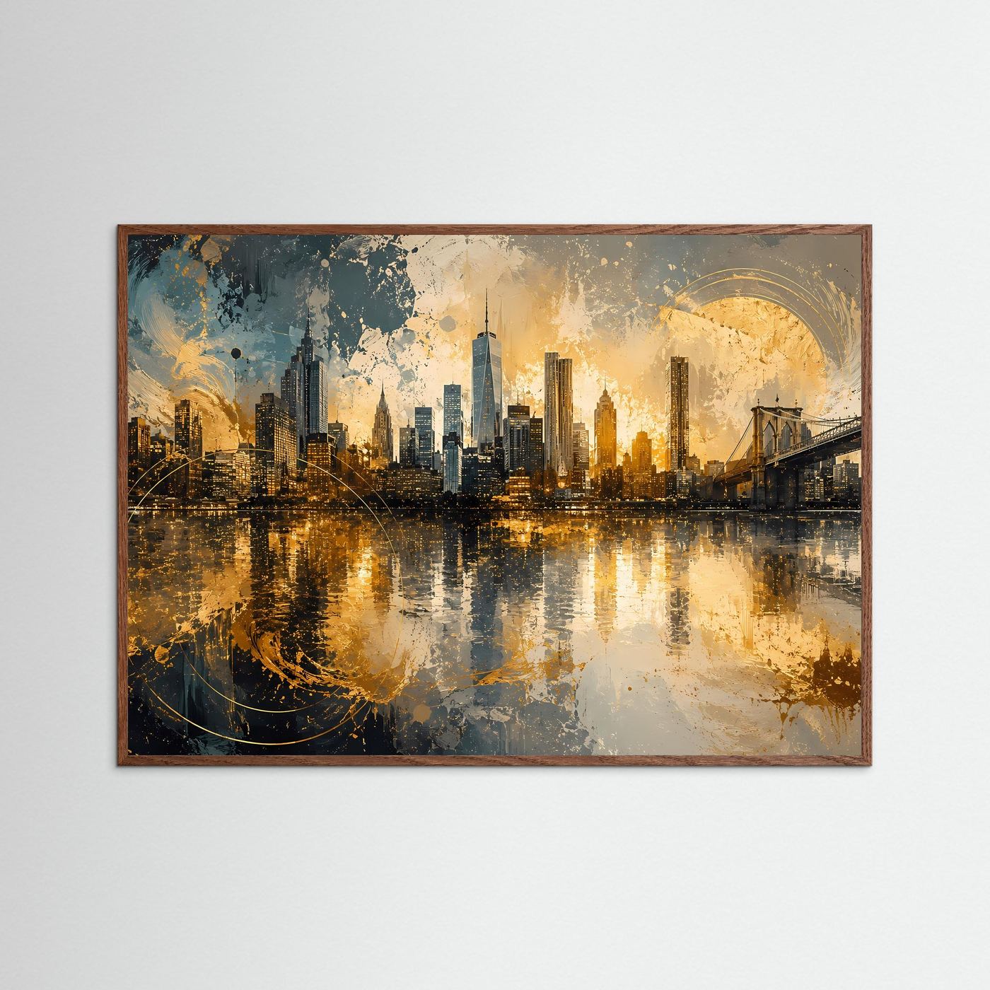 New York Skyline in Gold Poster | Abstrakte Manhattan Kunst mit Brooklyn Bridge Modernes Wandbild Querformat