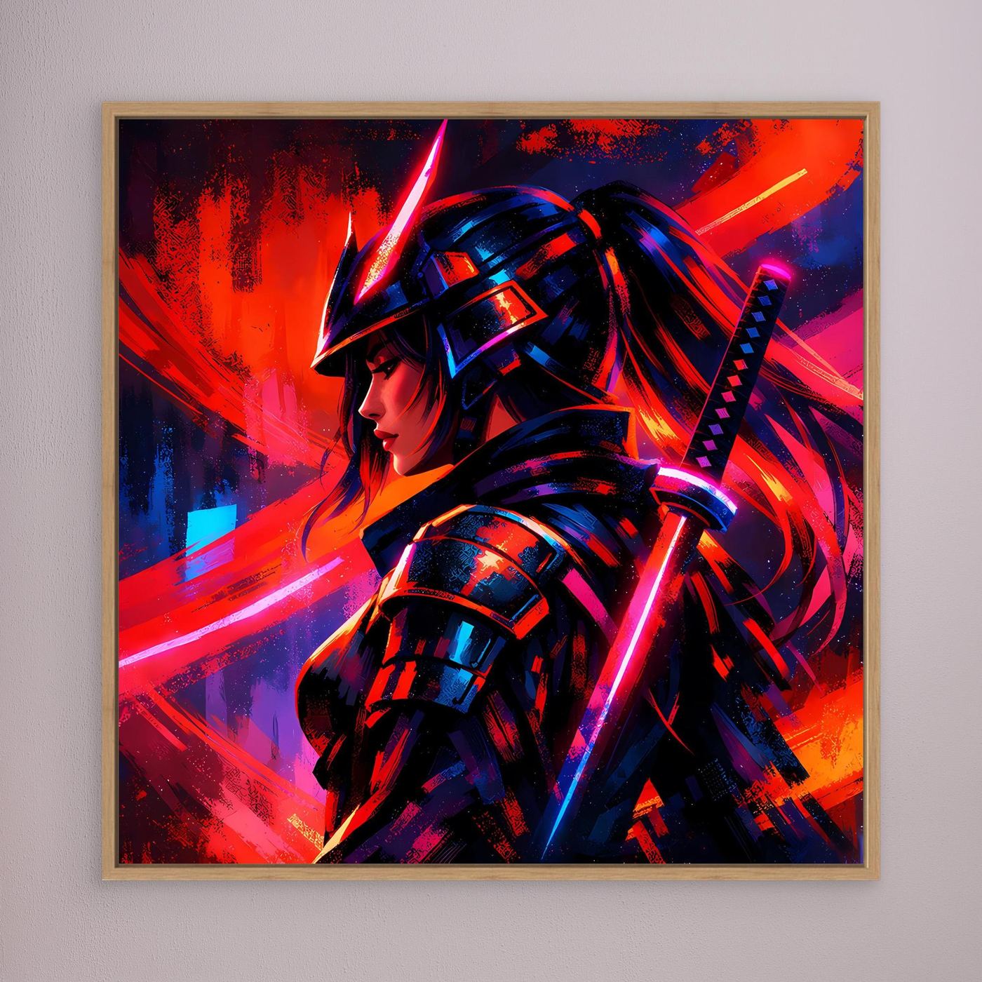 Leinwandbild mit hellem Holzrahmen: Samurai-Kriegerin in Neon-Rot und Blau, Profilansicht.