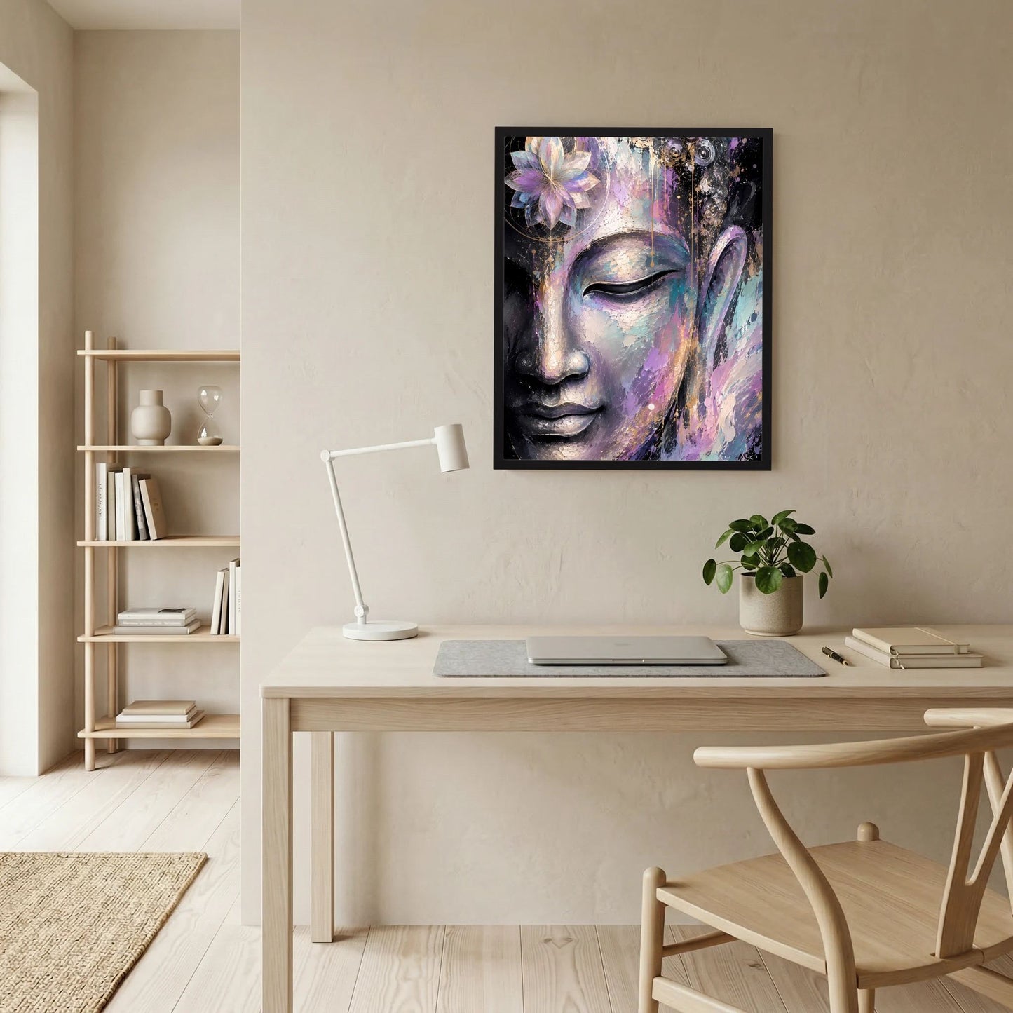 Gerahmtes Kunstposter mit abstraktem Buddha-Gesicht, violettem Lotus und goldenen Akzenten