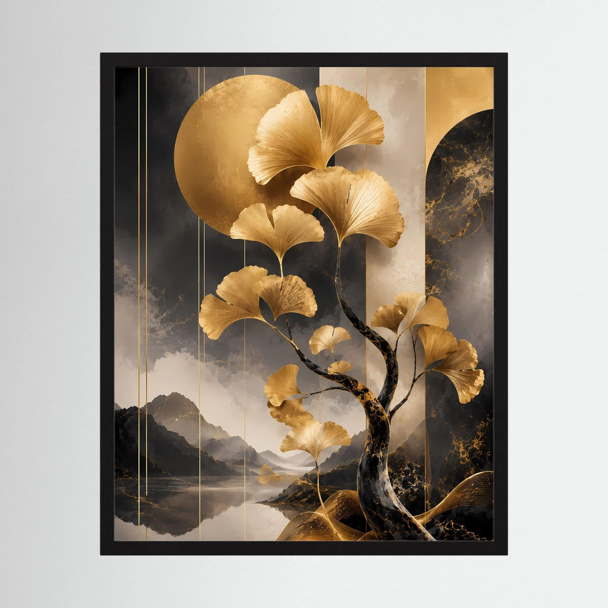 Gerahmtes Hochformat-Poster mit goldenem Ginkgobaum über dunkler Berglandschaft