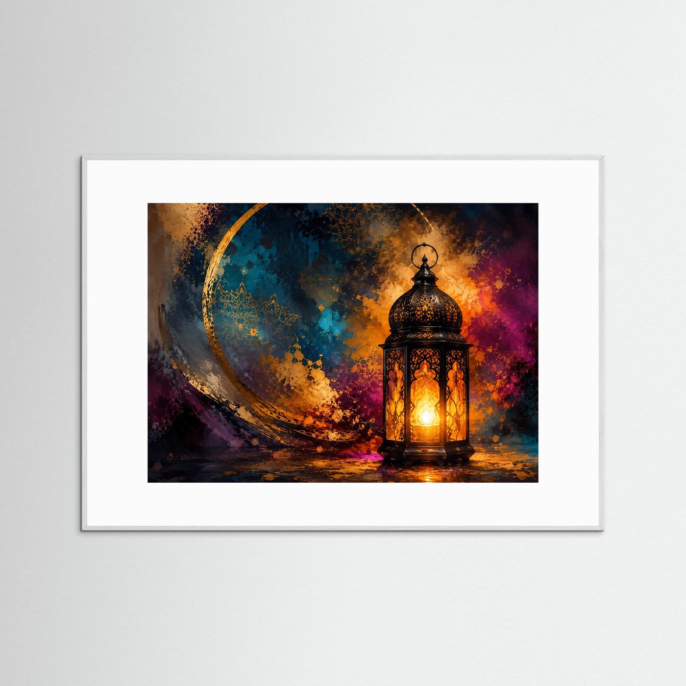 Orientalische Laterne Poster | Goldene Mondkunst | Abstrakte Boho Wandkunst | Mystisches Licht | Moderne Fine Art | Elegantes Wandbild