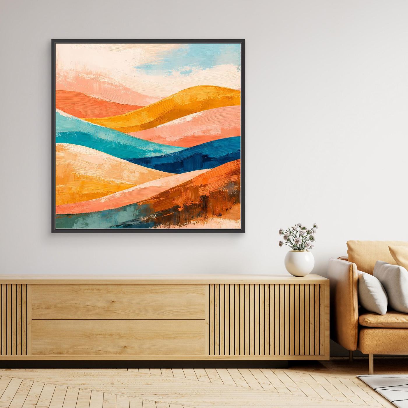 Abstract landscape wall art print with colorful curved hills, black frame