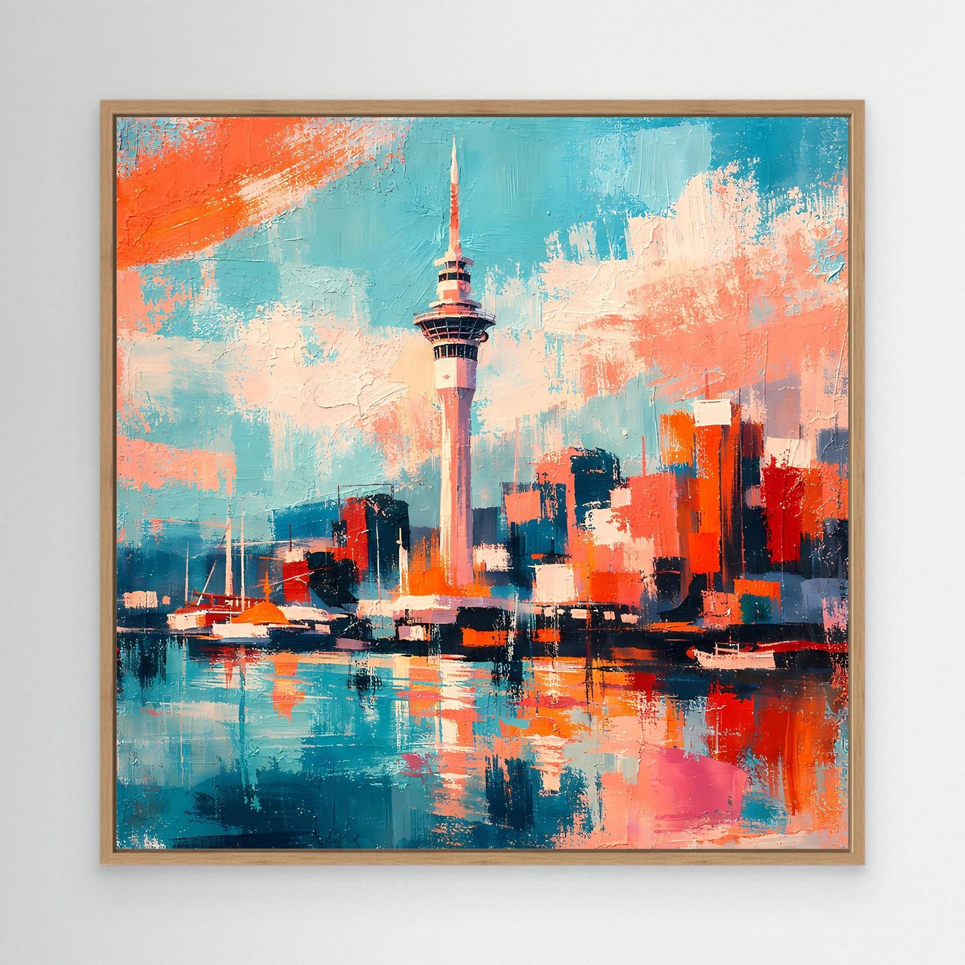 Abstraktes Leinwandbild mit Skyline und Turm in Blau-, Orange- und Rottönen, Eichenrahmen
