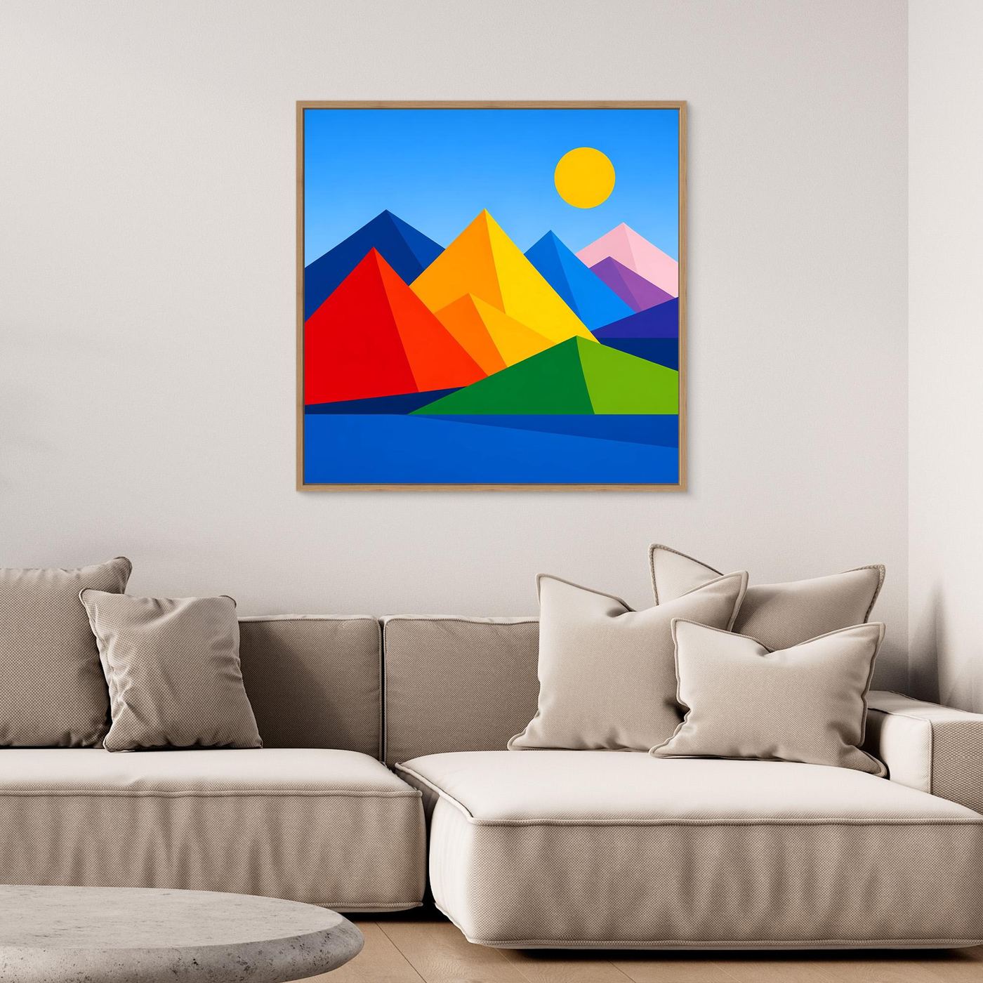 Quadratisches Leinwandbild mit geometrischer Berglandschaft, farbige Berge in Blau-Rot-Grün.