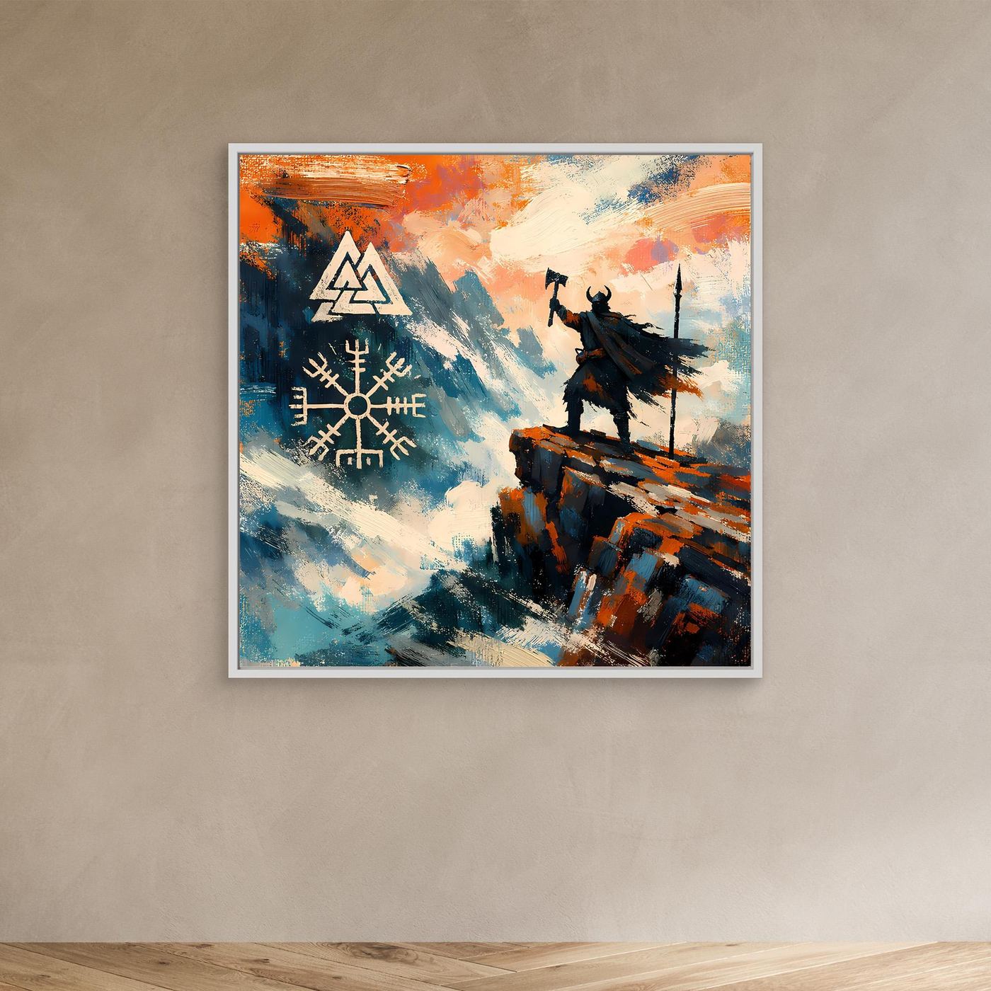 Leinwand-Wandbild mit Wikingerfigur auf Felsen und Vegvisir-Symbol; weiß gerahmt