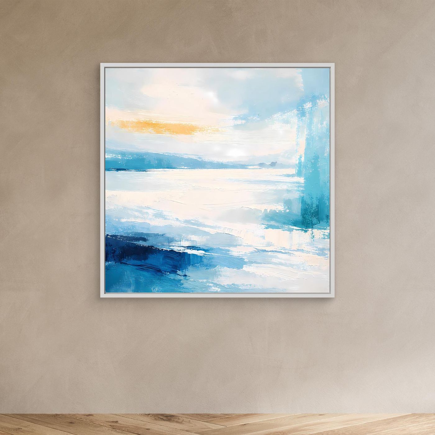 Leinwandbild mit abstrakter Küstenlandschaft in Blau und Türkis, mit weißem Rahmen