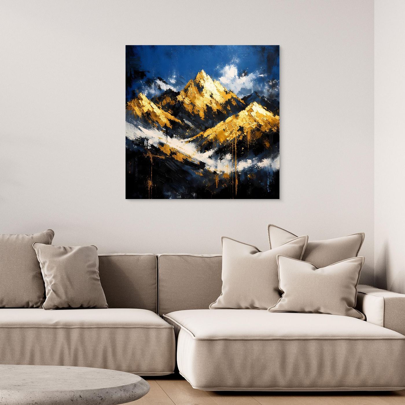 Leinwand Abstraktes Berggemälde in Blau und Gold | Modernes Berge Wandbild