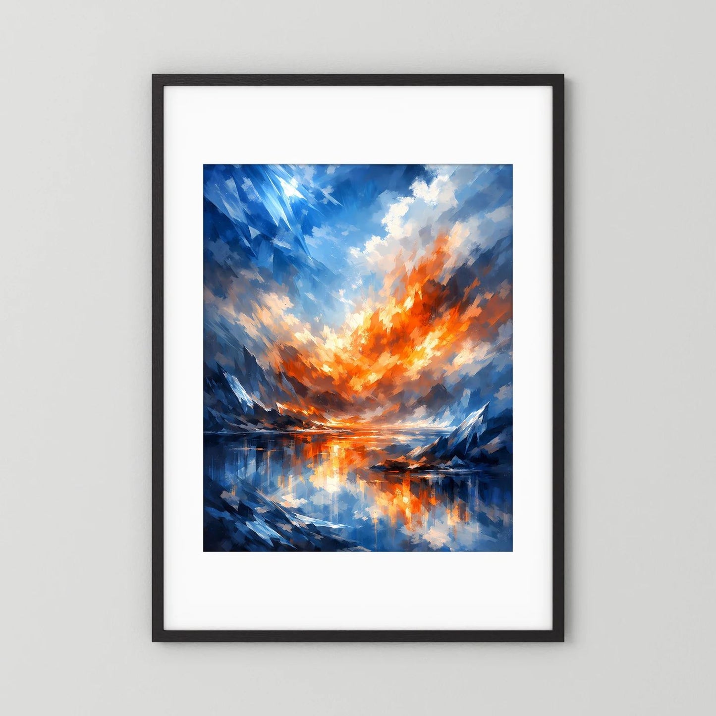 Hochformat-Poster mit abstrakter Landschaft in Blau und Orange, im schwarzen Rahmen mit weißem Rand.