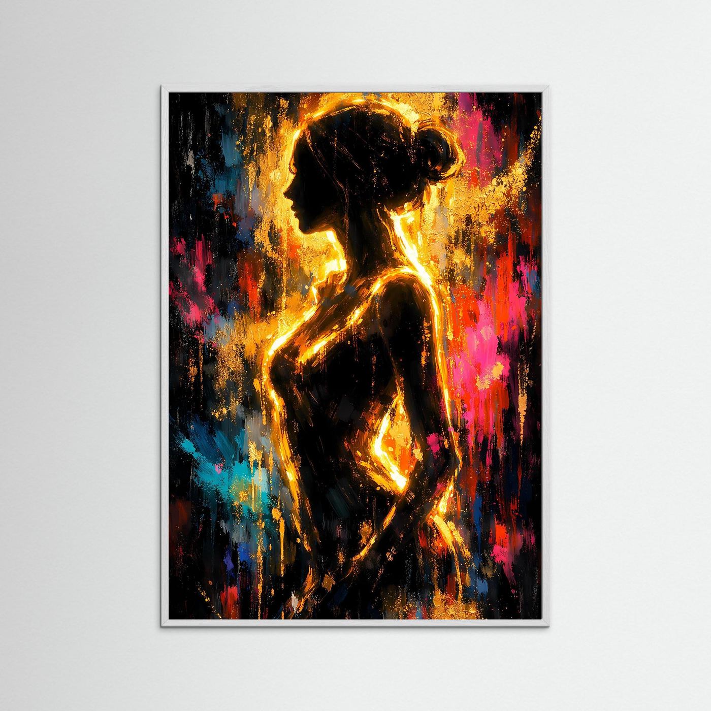 Abstraktes Kunstposter mit goldener Frauen-Silhouette, buntem Spritzbild und dunkelgrauem Holzrahmen
