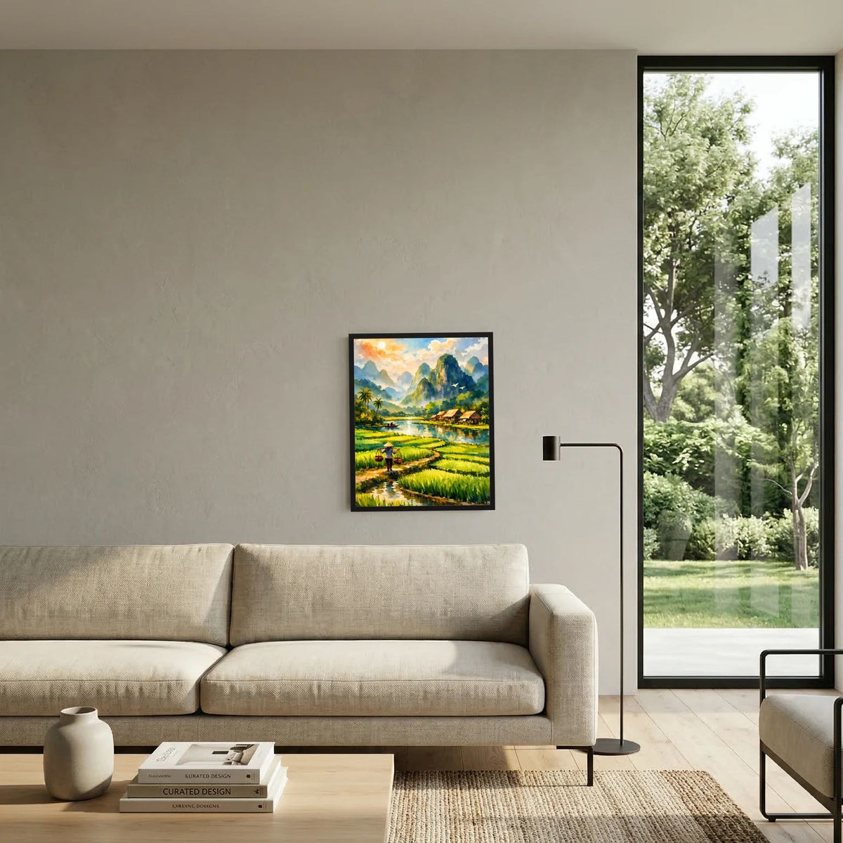 Wandbild mit tropischer Flusslandschaft, Reisfeldern und Dorf, blick auf Berge