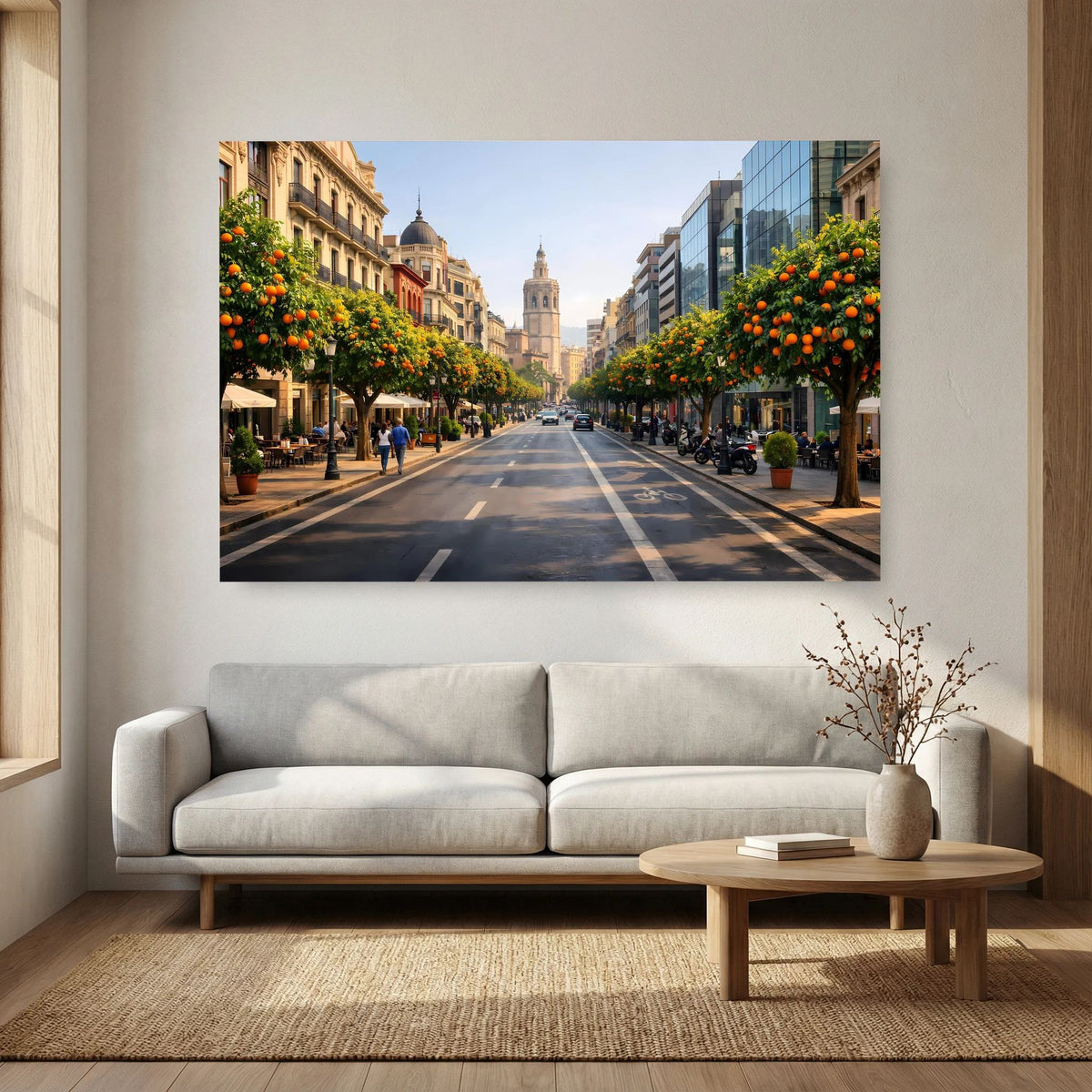 Wandbild Querformat in der Wohnwand: Straße mit Orangenbäumen und markanten Kirchtürmen