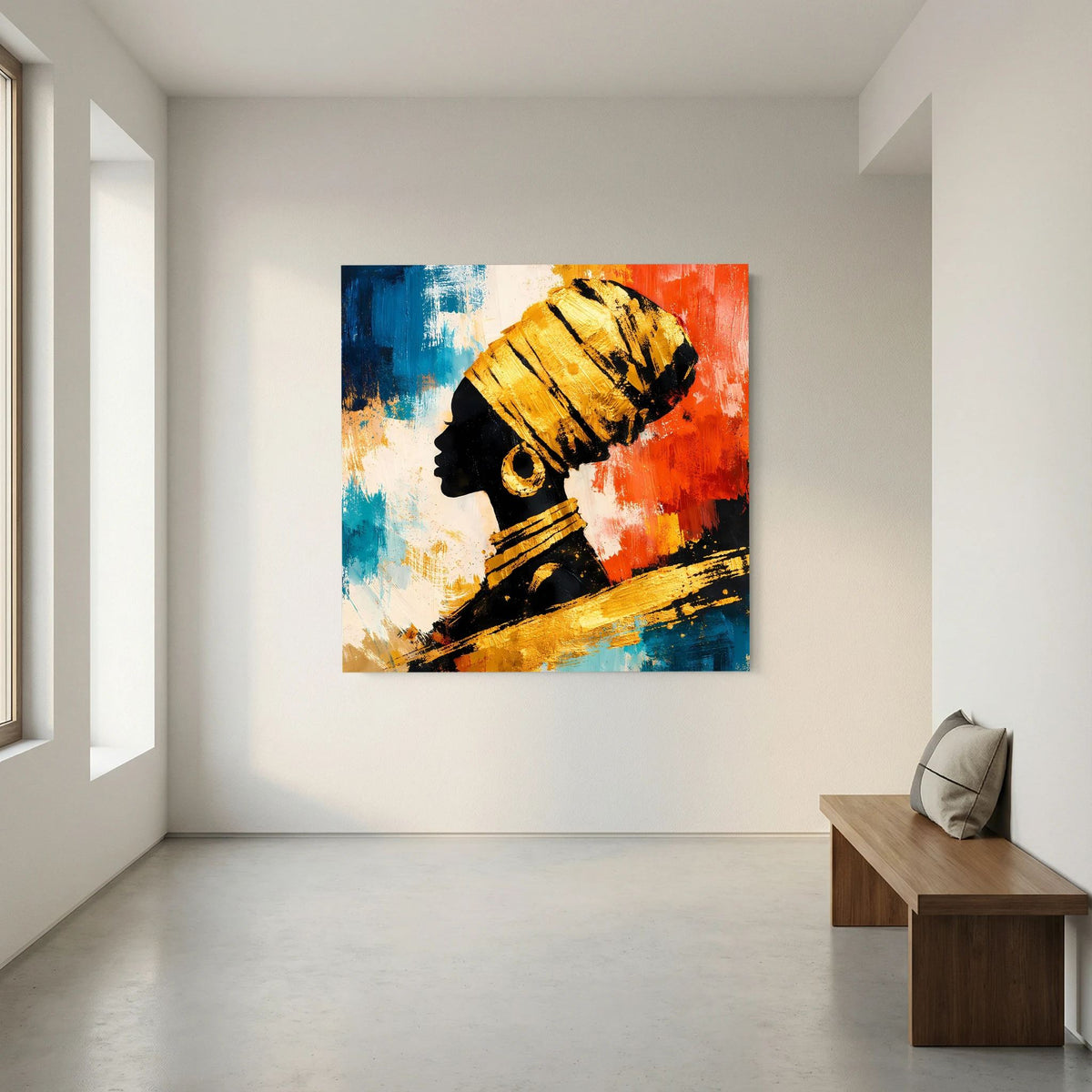 Leinwandbild mit Frauenprofil im Profil, goldene Schmuckelemente, blaue und rote Pinselstriche