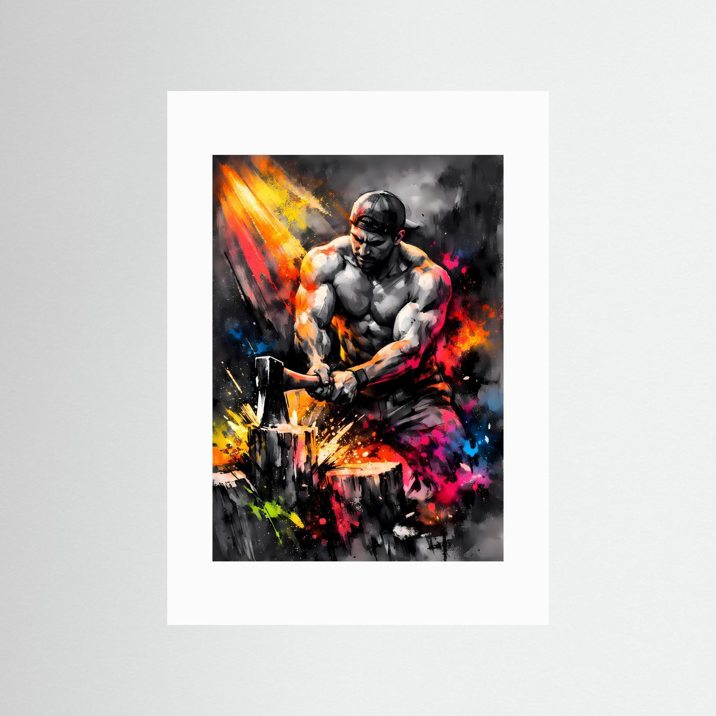 Die Kraft der Arbeit | Modernes Holzfäller Poster bunt | Abstraktes Urban Art Kunstposter Hochformat