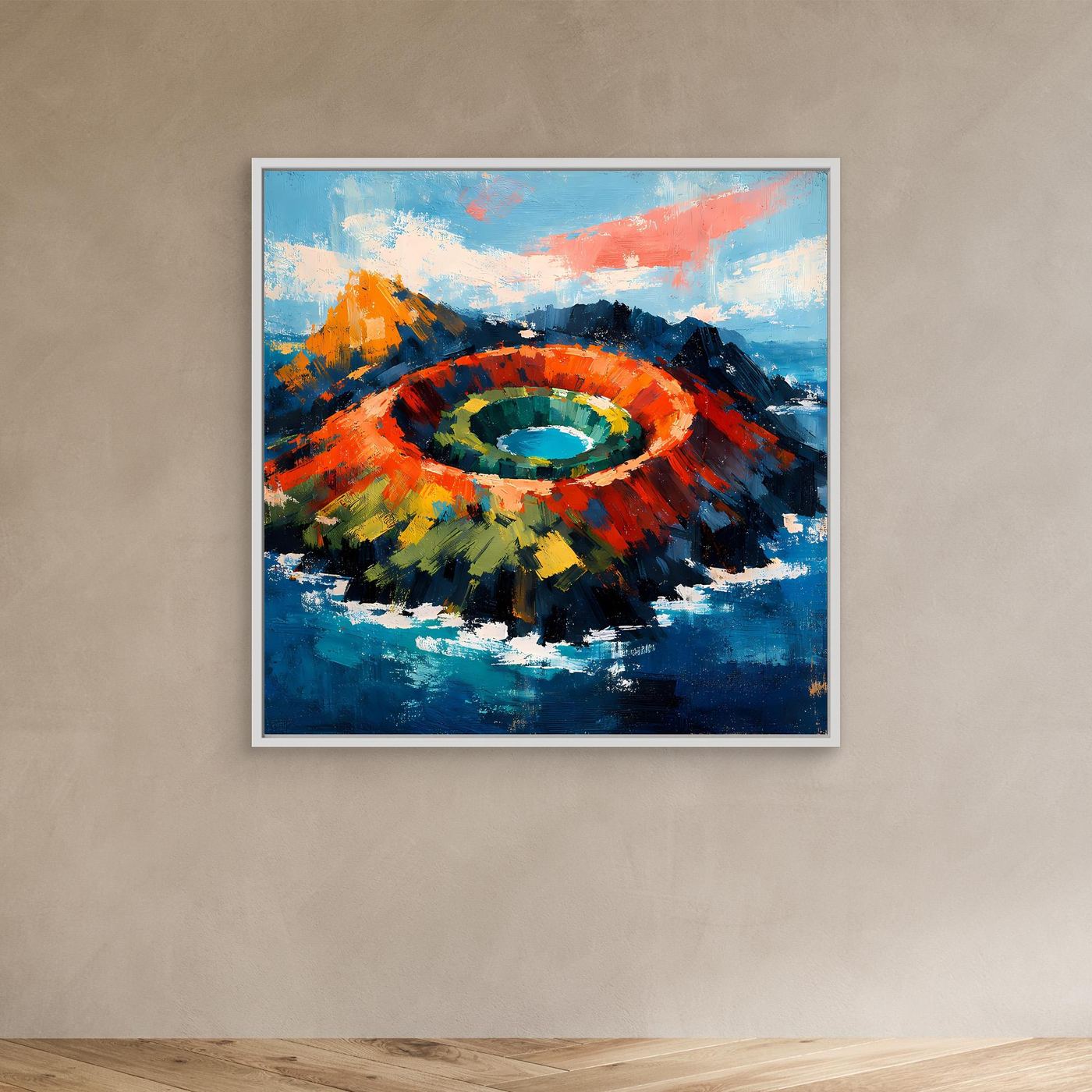 Abstraktes Leinwand-Wandbild mit Vulkankrater im Meer, leuchtende Farbwirbel, weißer Rahmen
