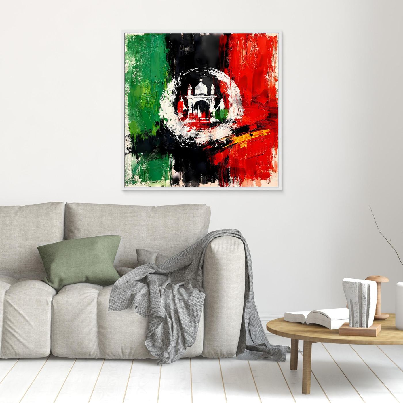 White-framed canvas wall art with abstract Afghanistan flag colors and central emblem