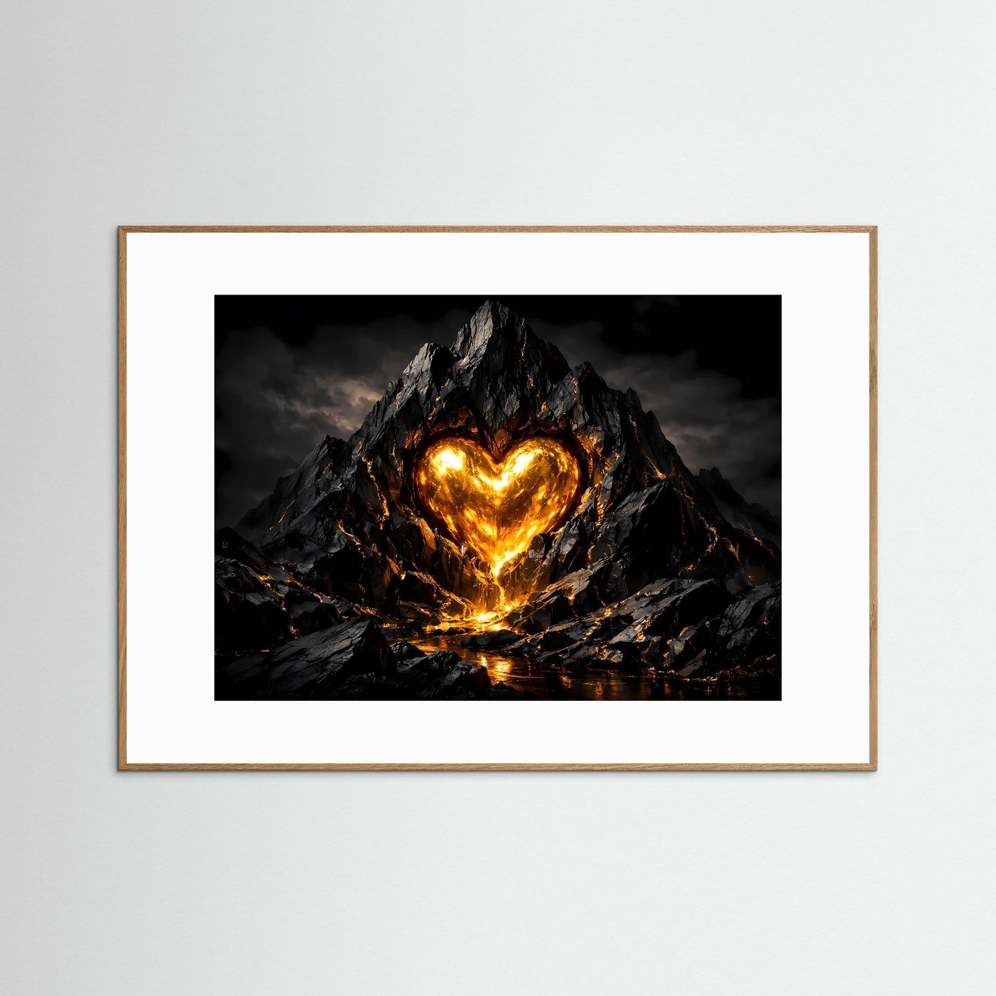 Glühendes Vulkanherz im Fels massiv | Feurige Magma Kunst & Herz Wandbild Querformat