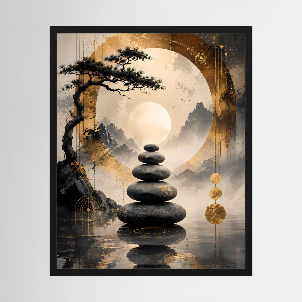 Meditationsposter im Hochformat mit Zen-Stein-Stapel, Mondkreis und Bergen im schwarzen Rahmen