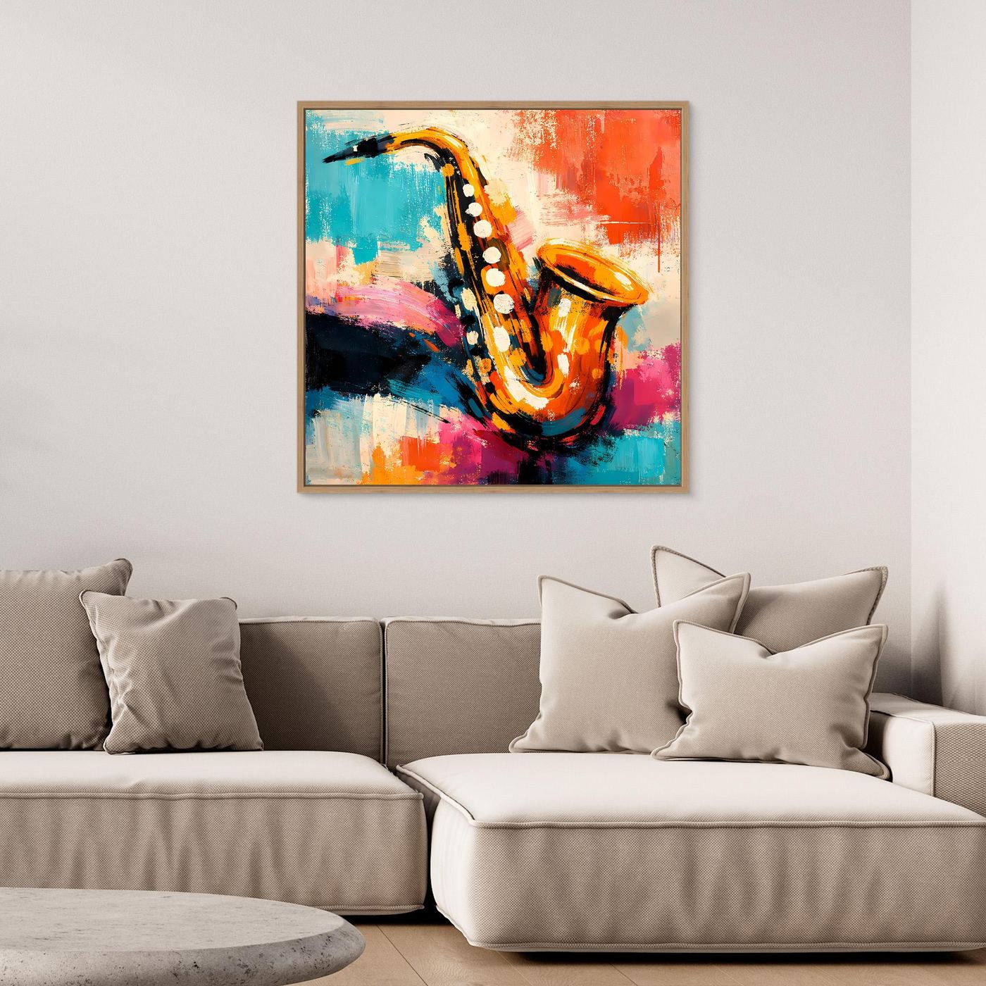 Framed canvas wall art featuring a colorful abstract saxophone