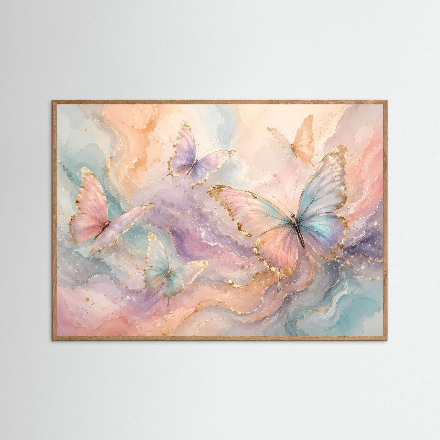 Pastell Schmetterlinge Poster | Elegante Schmetterlingskunst in Rosa Blau Gold | Moderne Aquarell Wanddekoration | Abstrakter Kunstdruck