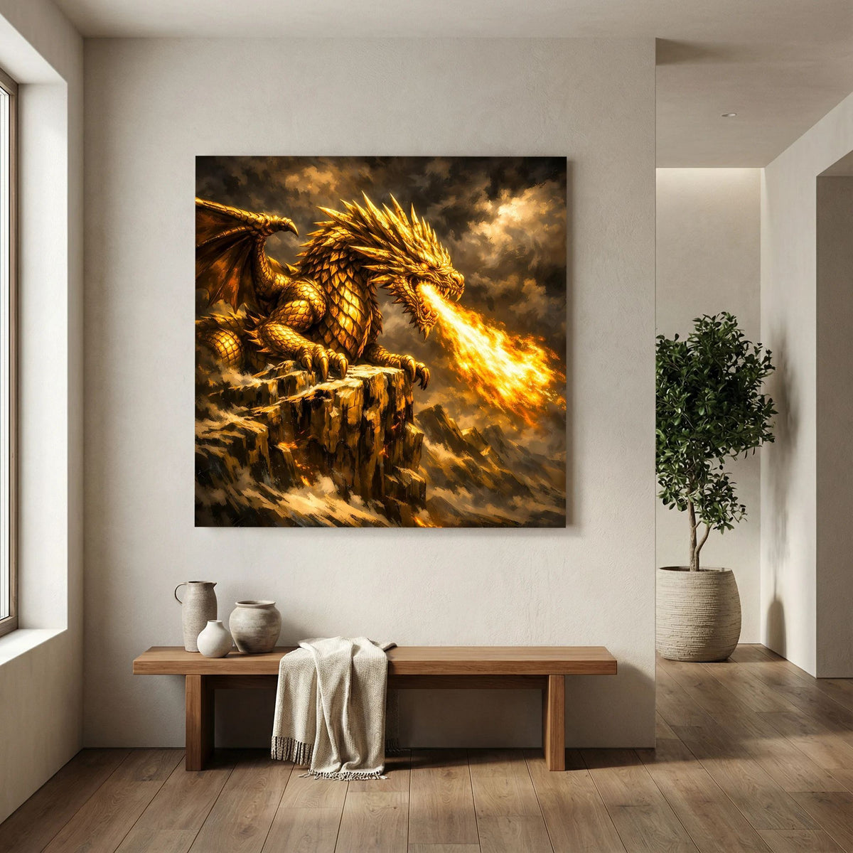 Gerahmtes Fantasy-Wandbild: goldener Drache mit Flammenatem über zerklüfteten Felsen