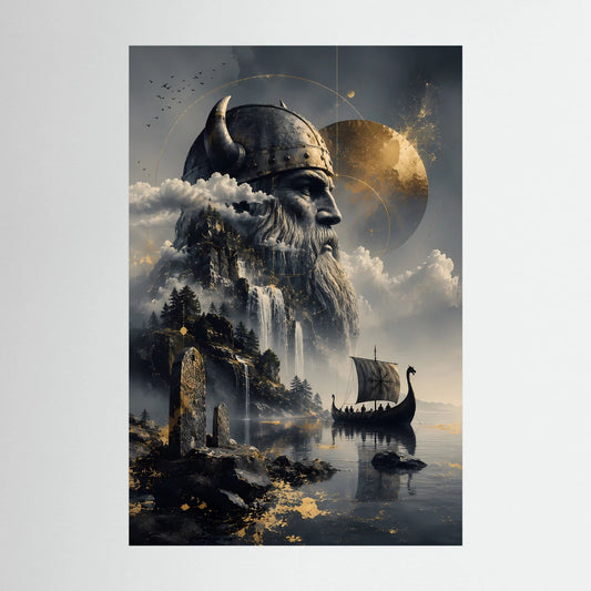 Hochformatiges Poster mit Wikingerkriegerkopf, Wasserfall und Langschiff im Fjord