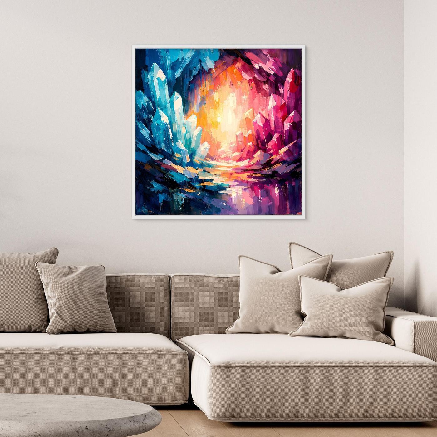 Abstract crystal canvas wall art showing colorful glow and crystal shards, framed