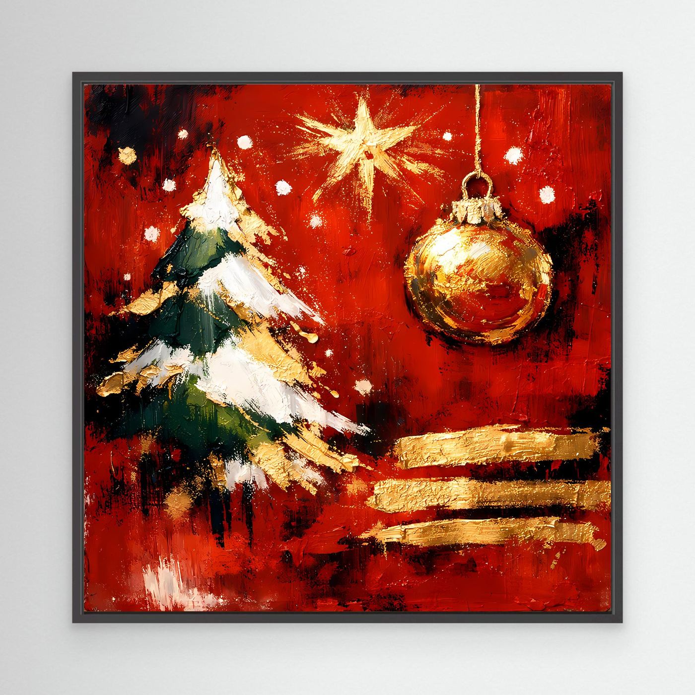 Weihnachts-Wandbild mit schwarzem Rahmen, rote Abstraktion: goldener Baum, goldene Kugel und Stern