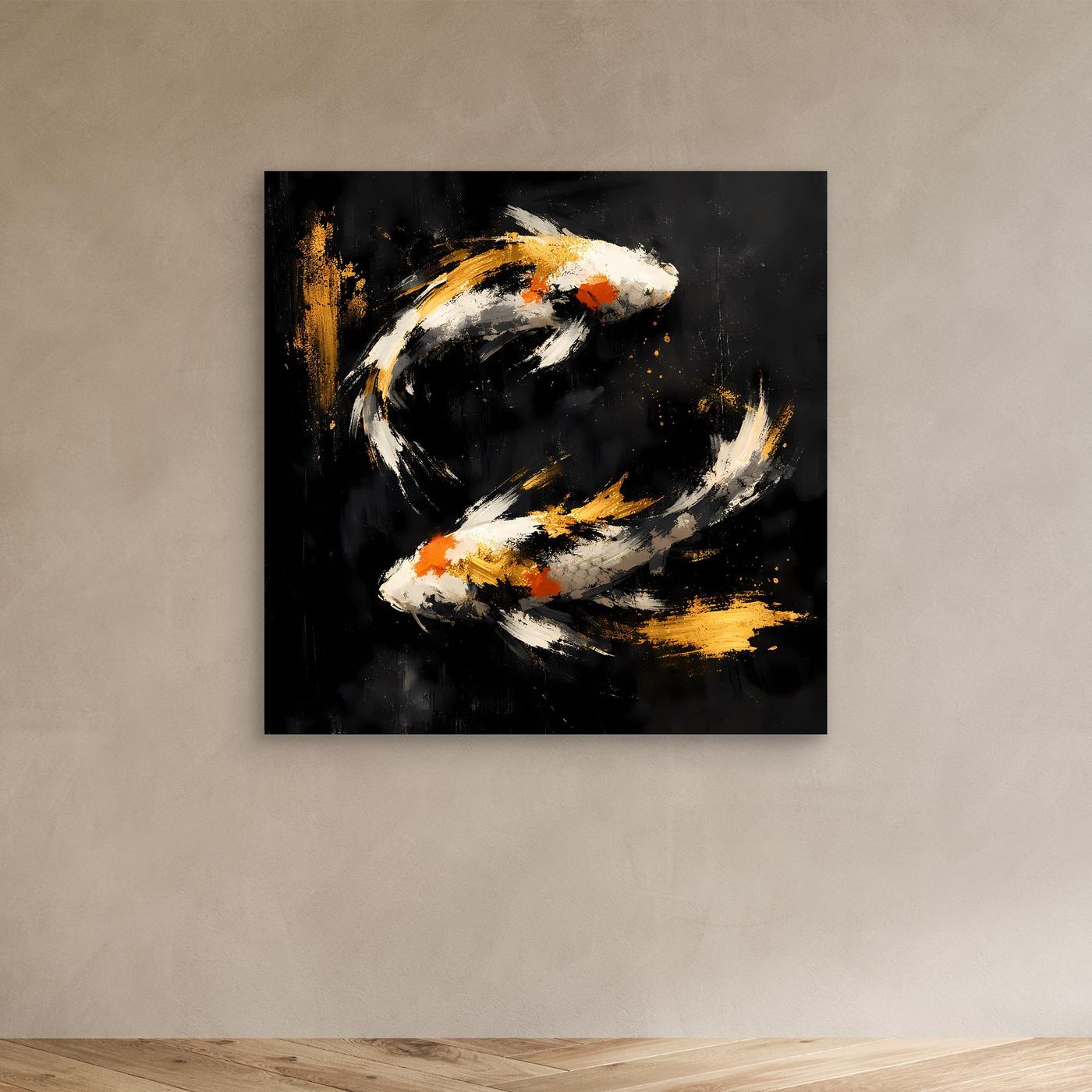 Leinwand Abstrakte Koi-Fische in Gold und Orange | Modernes Yin Yang Wandbild