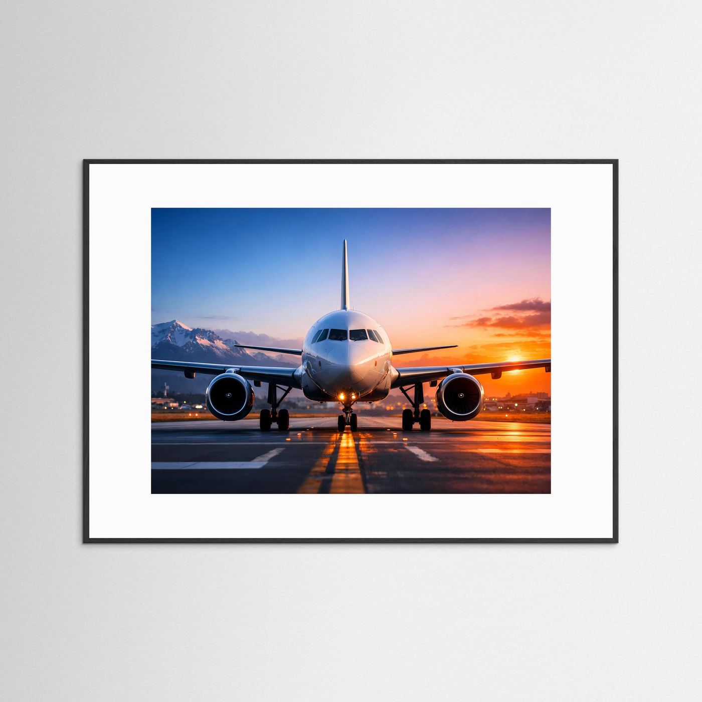 Passagierflugzeug-Poster mit schwarzem Rahmen, Bug und Triebwerke auf Startbahn