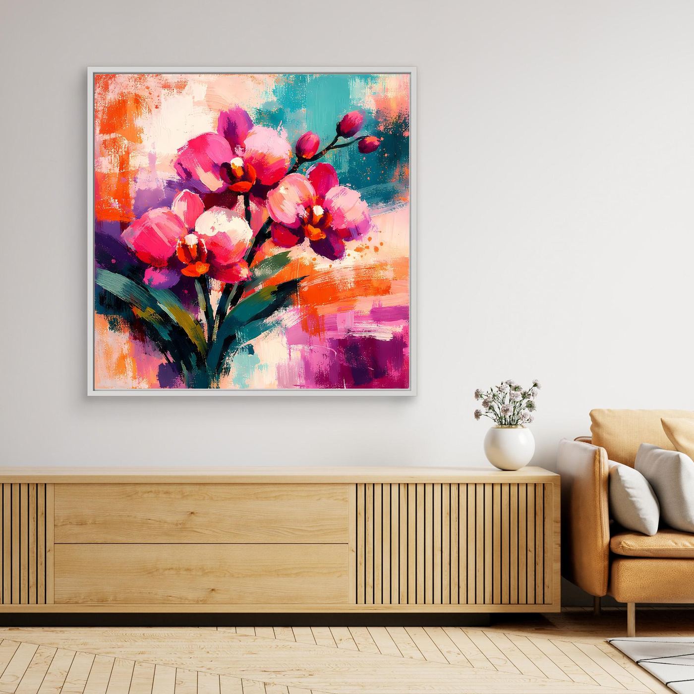 Leinwand-Wandbild mit abstrakten Orchideen in bunten Farben, weißer Rahmen