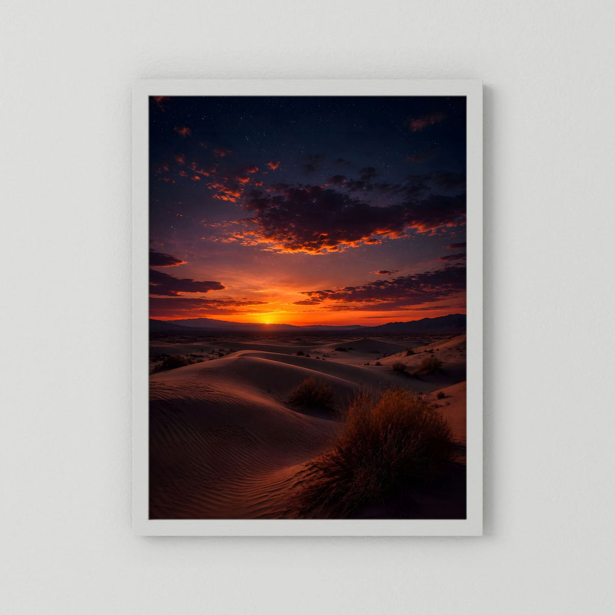Poster im Hochformat mit weißem Rahmen und Passepartout, Wüstenlandschaft bei Sonnenuntergang