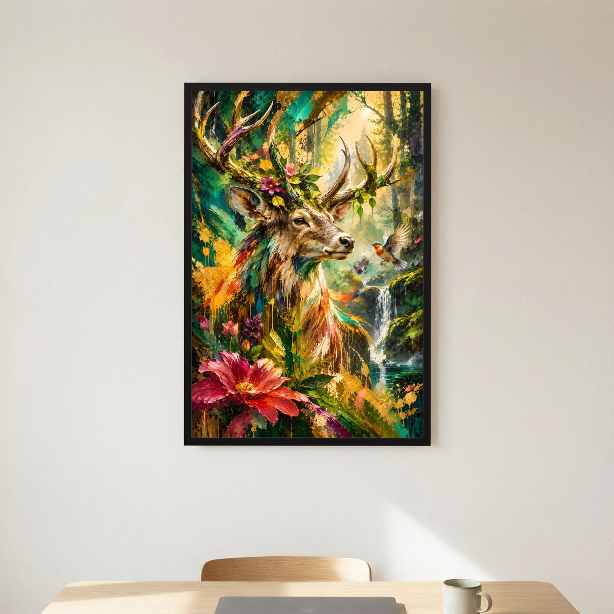 Hochformatiges Tierposter: Hirsch mit Geweih, Blumen im Waldmotiv, schwarzer Rahmen