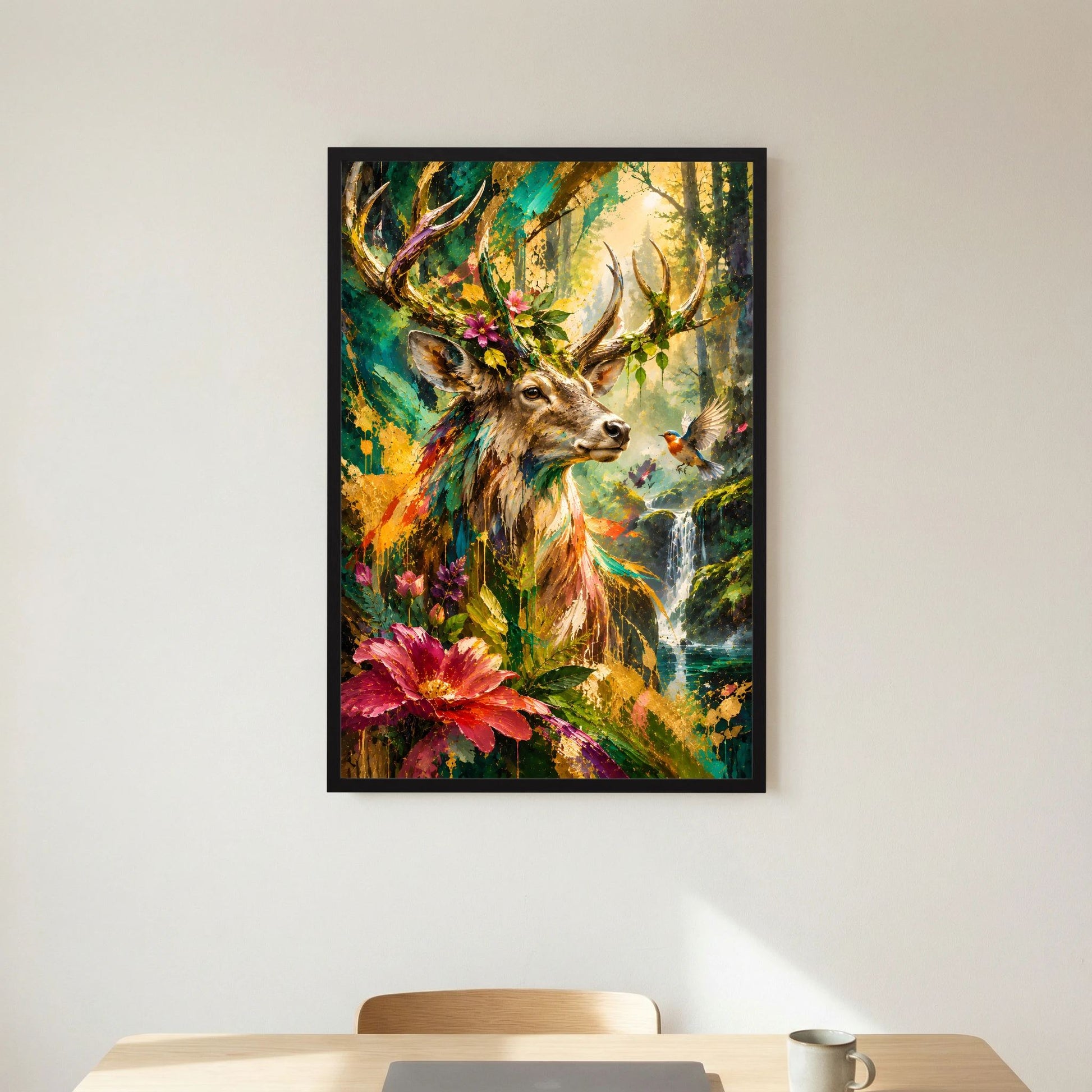 Hochformatiges Tierposter: Hirsch mit Geweih, Blumen im Waldmotiv, schwarzer Rahmen