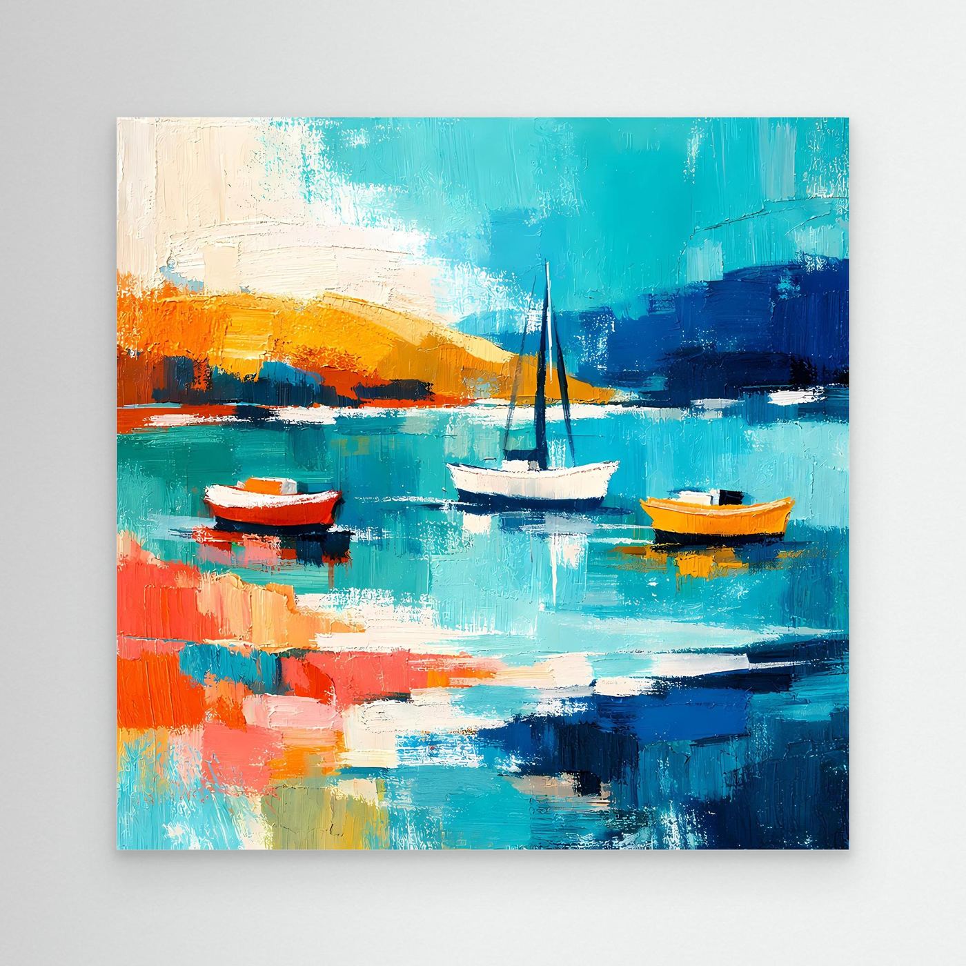 Abstract sailboat wall art on canvas with teal, blue, orange boats and reflections