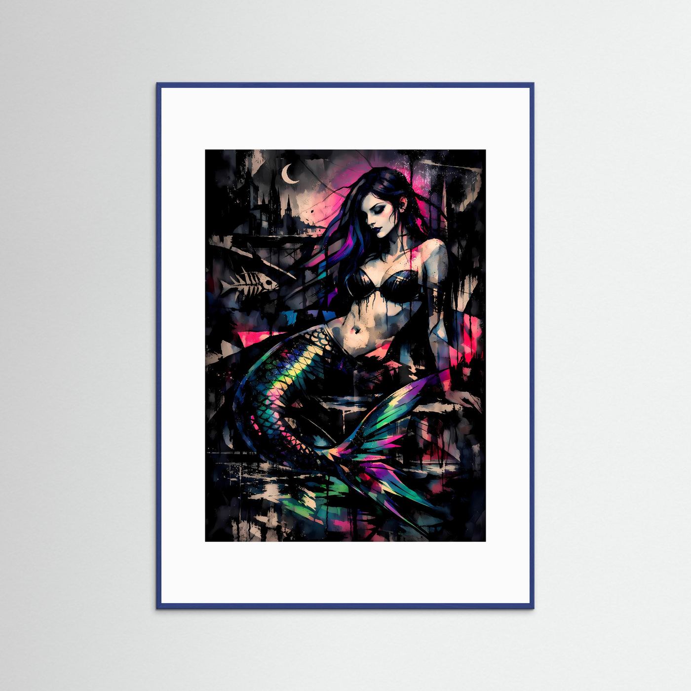 The Dark Mermaid | Luxuriöses Meerjungfrauen Poster Bunt & Schwarz | Abstraktes Sirenen Kunstposter Hochformat