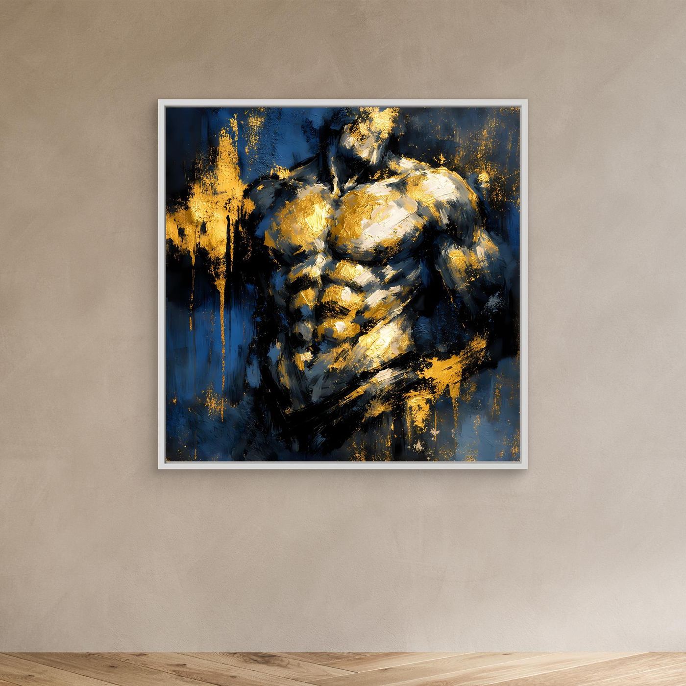 Leinwand Kraftvoller Männlicher Torso in Gold und Blau | Abstraktes Bodybuilding Wandbild
