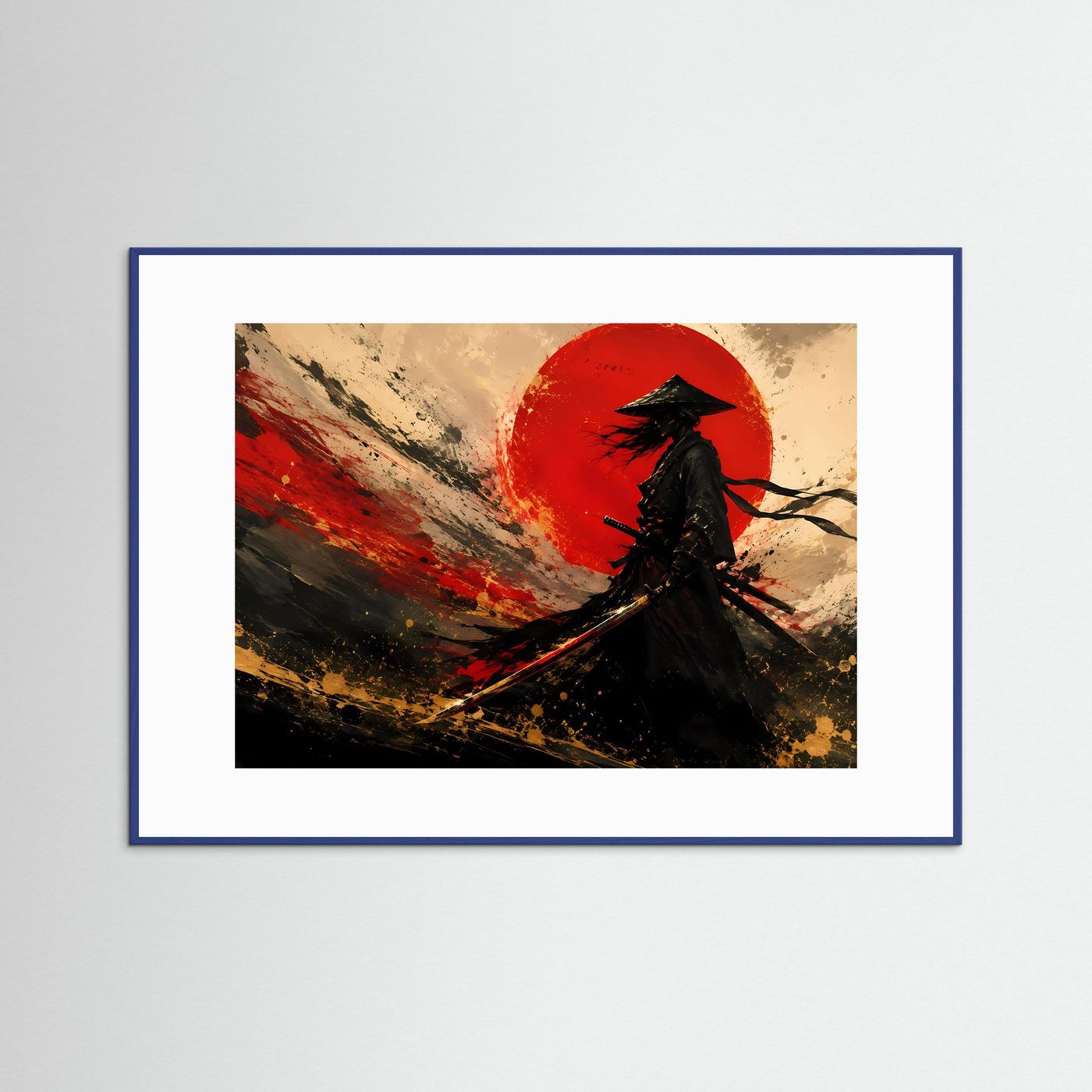Samurai vor der Roten Sonne | Abstrakte Japanische Wandkunst in Schwarz, Gold & Rot