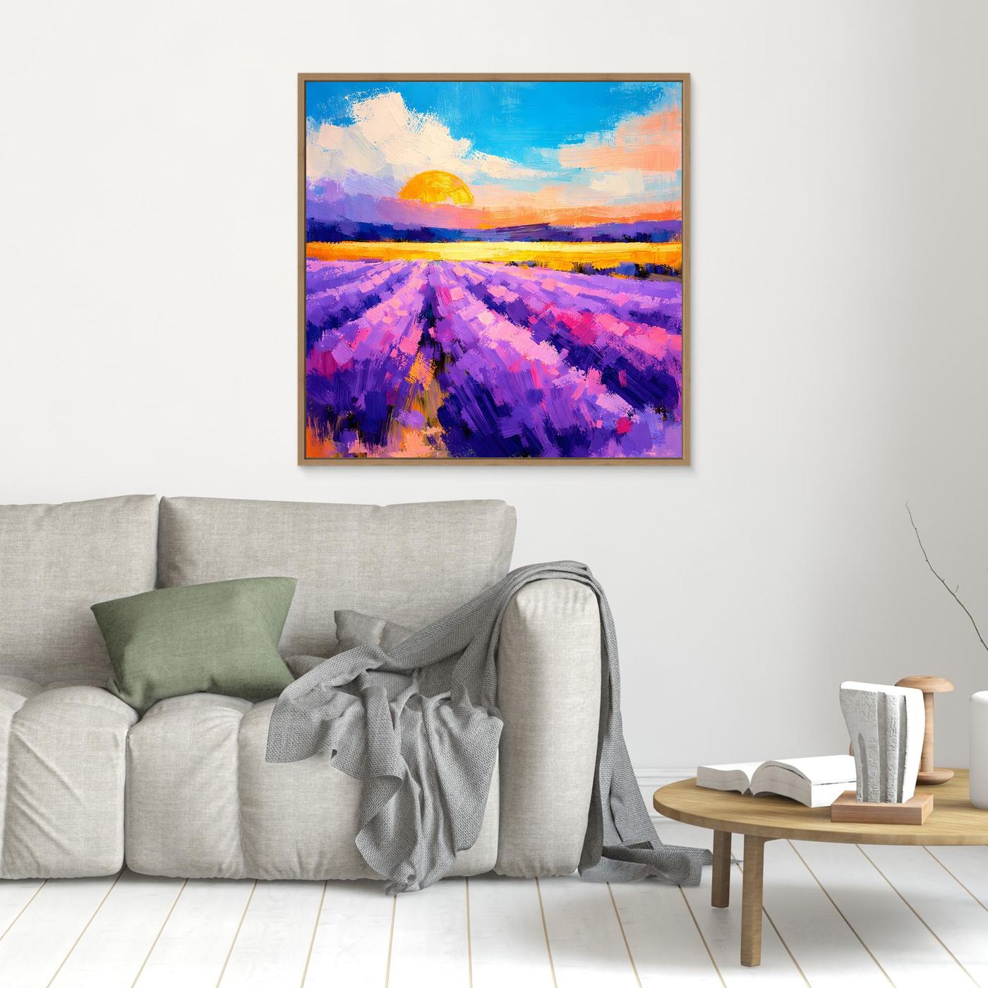 Wandbild auf Leinwand mit orangefarbener Sonne über violettem Lavendelfeld, holzfarbener Rahmen