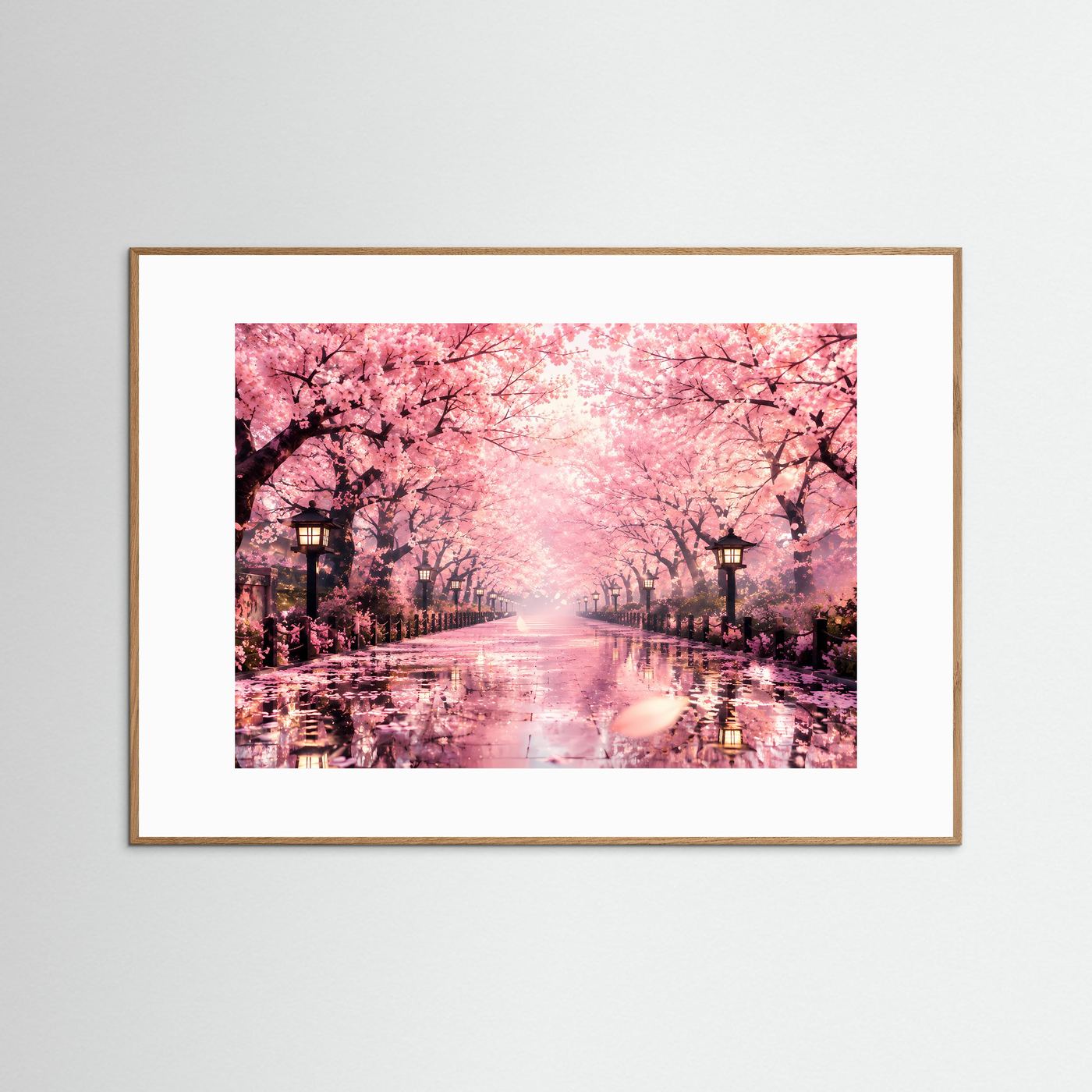 Poster mit Kirschblütenallee, rosa Blüten über Weg, heller Holzrahmen, weißes Passepartout