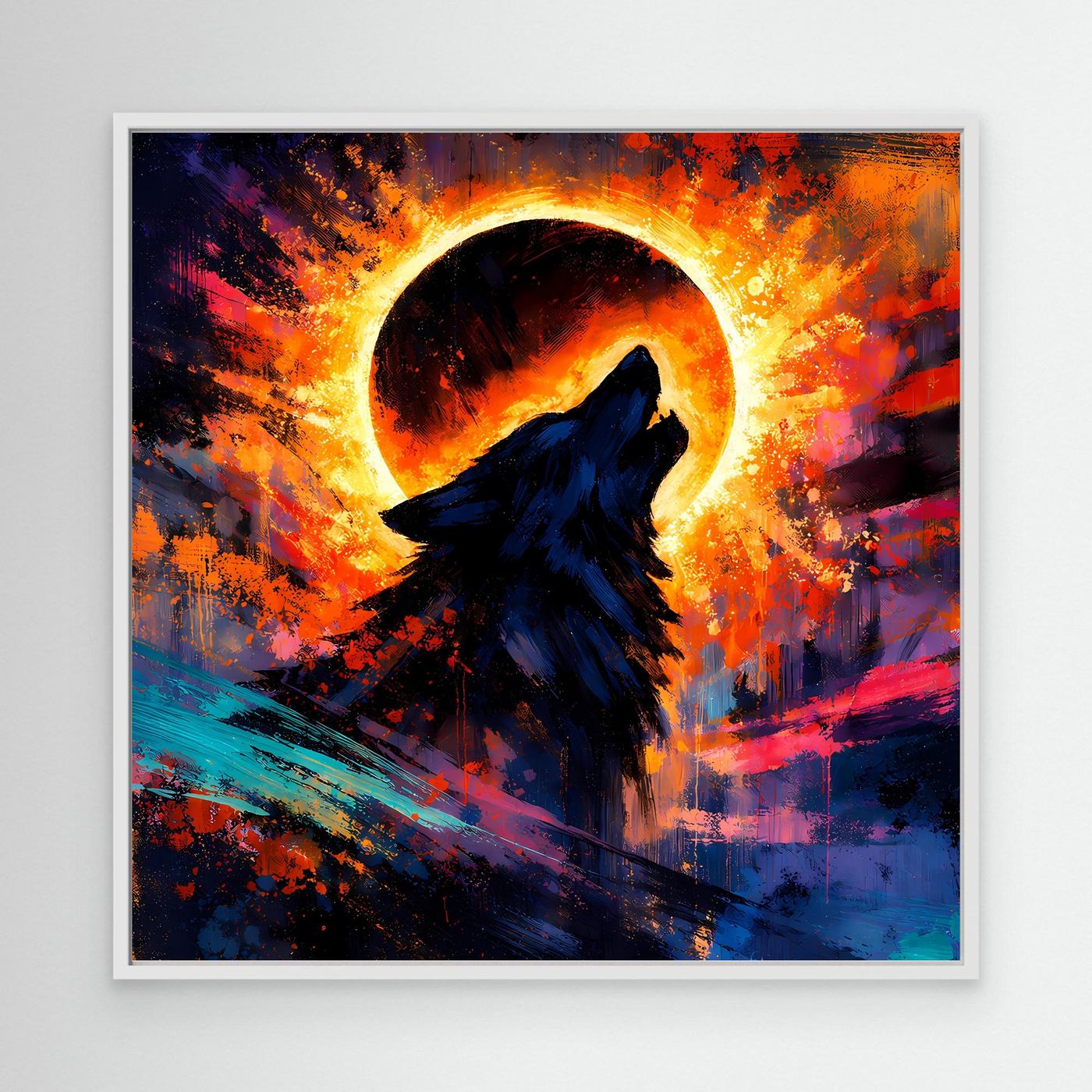 Leinwand-Wandbild mit heulendem Wolf, orange-blauem Feuerhimmel und Sonnenfinsternis