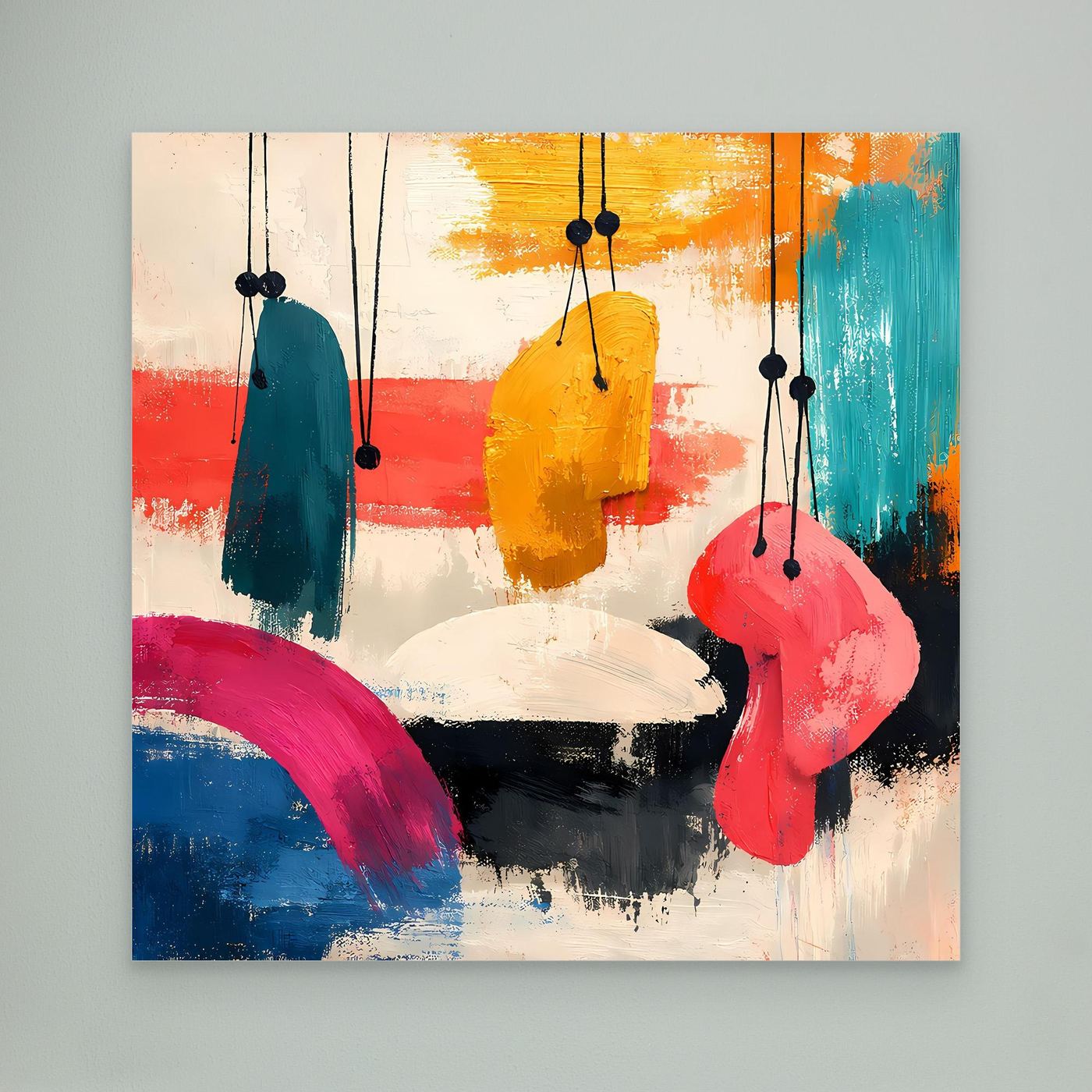 Abstract canvas wall art with hanging organic shapes, teal yellow pink and blue accents