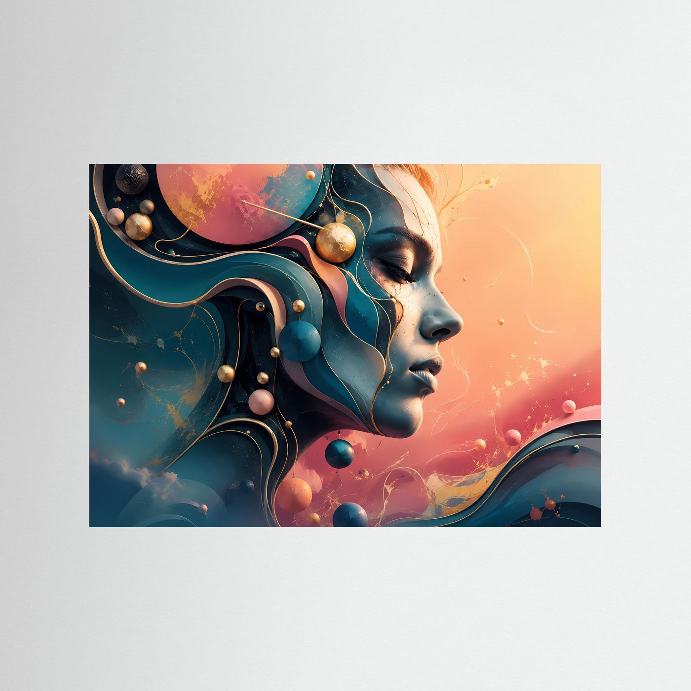 Abstraktes Frauengesicht Poster | Moderne Portrait Kunst | Surreale Frauenkunst | Geometrische Wanddekoration | Elegante Leinwand mit Goldakzenten