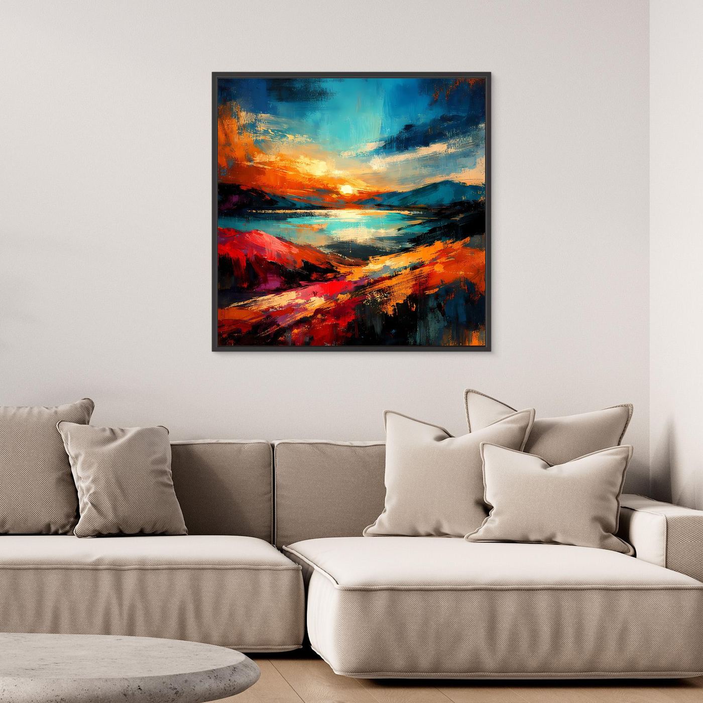 Abstraktes Leinwandbild mit Landschaftsfarben in Blau, Orange und dunklem Rahmen
