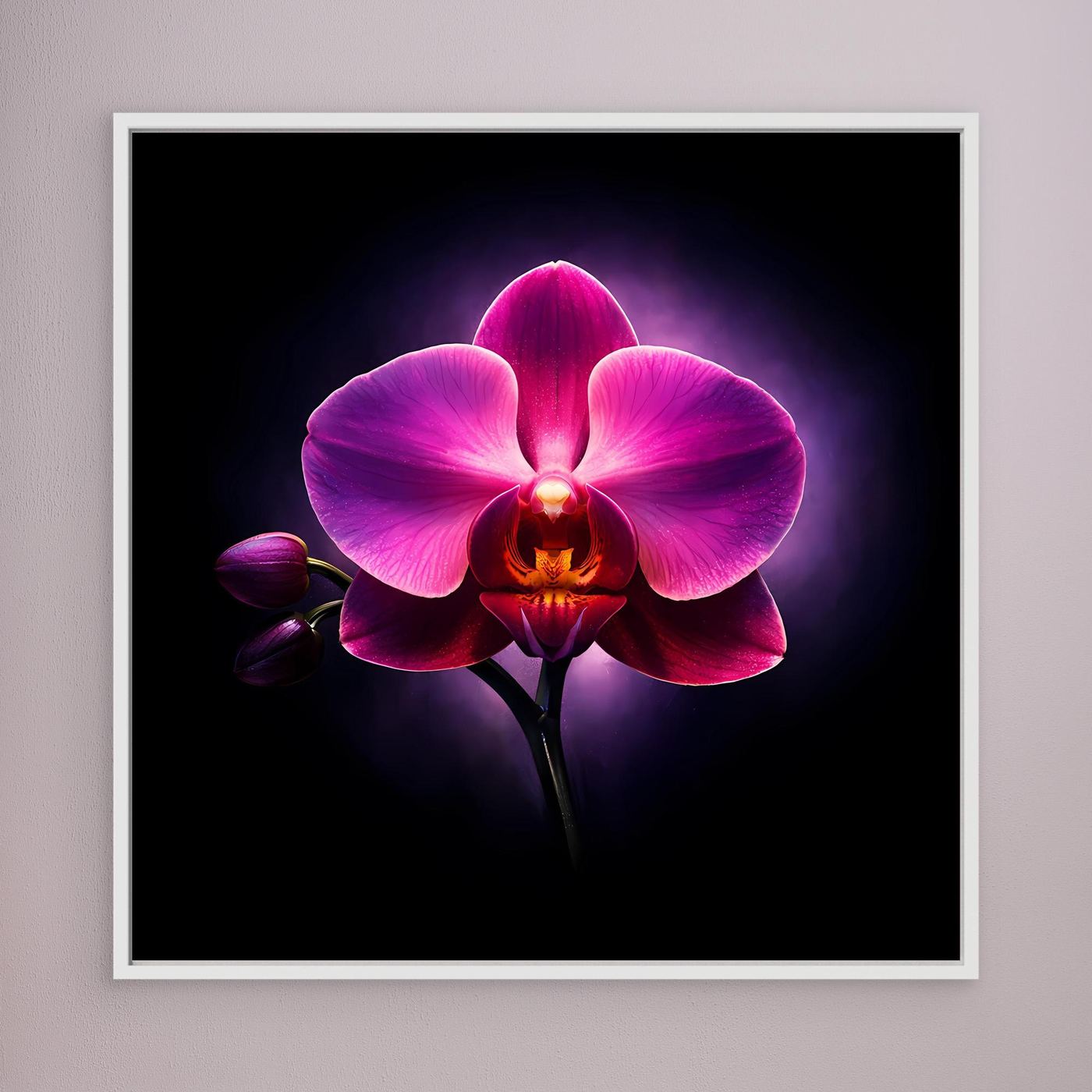 Leinwandbild Orchidee in Pink mit Leuchteffekt, weißer Rahmen