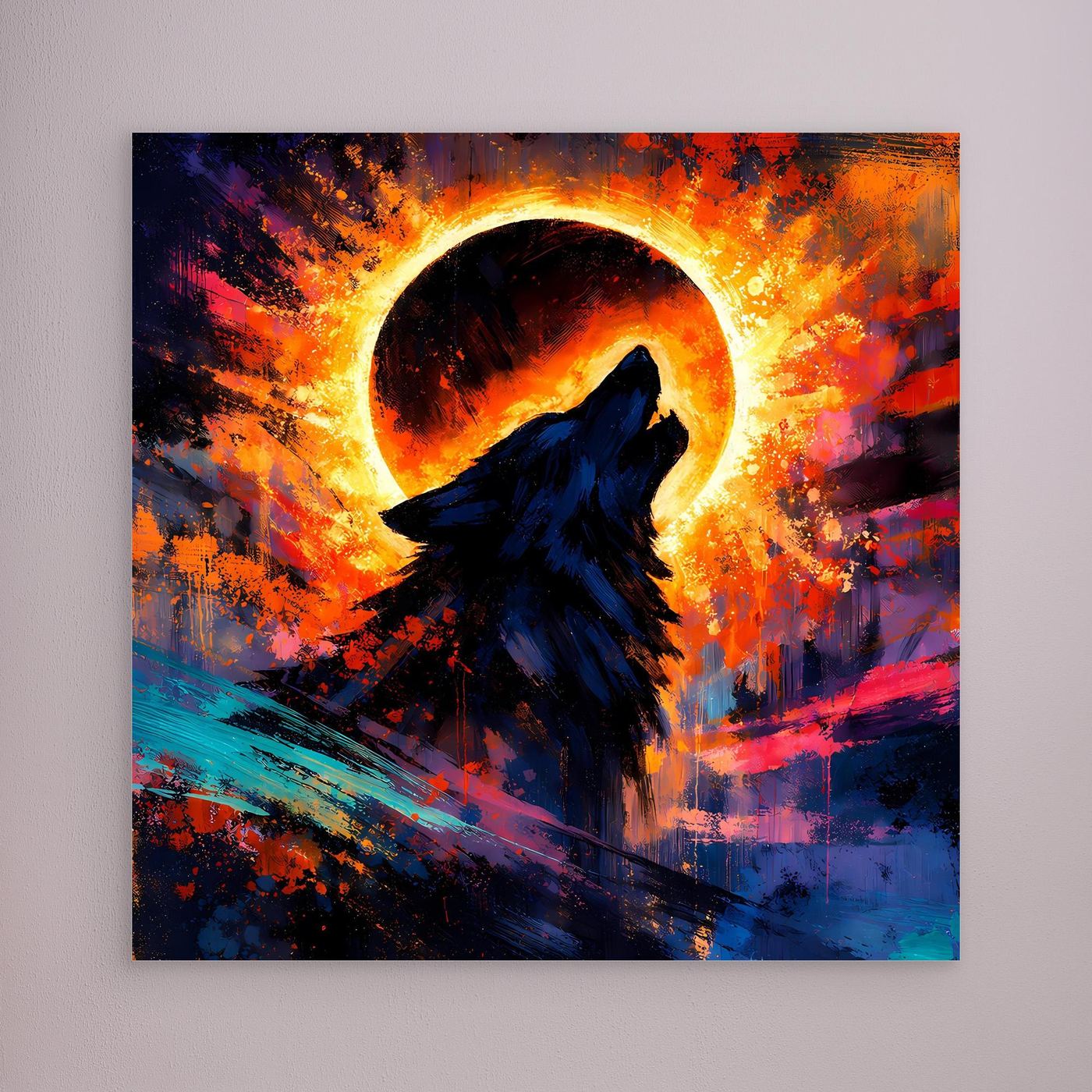 Leinwand-Wandbild: heulender Wolf im Sonnenfinsternis-Ring, abstrakte Farben