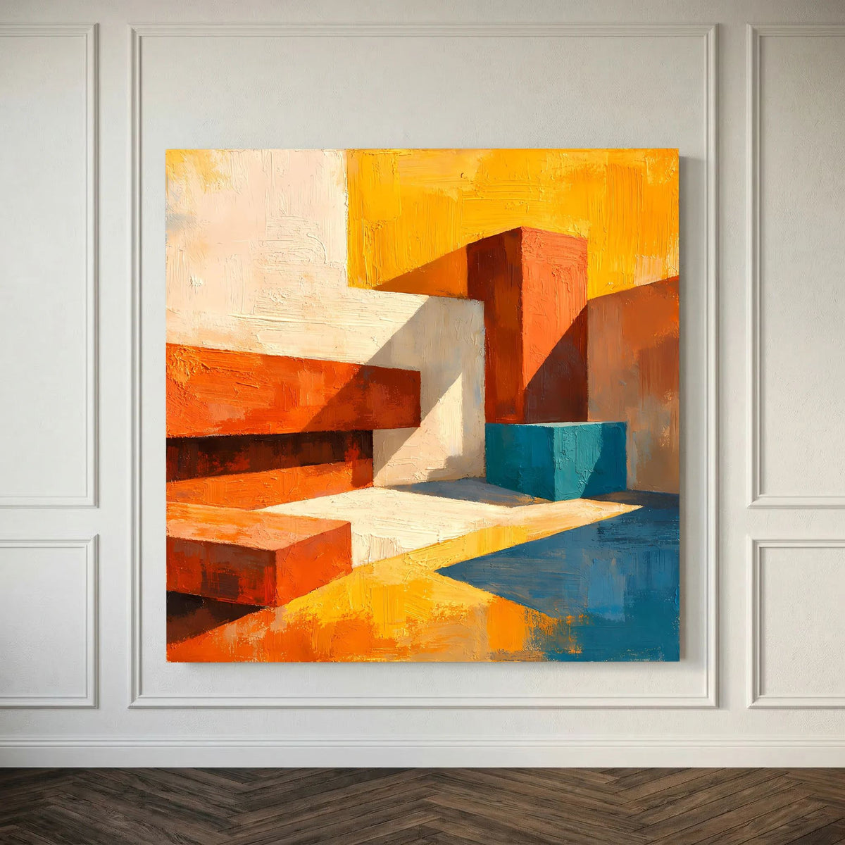 Abstraktes Leinwand-Wandbild mit geometrischen Quadern in Orange, Weiß und Türkisblau