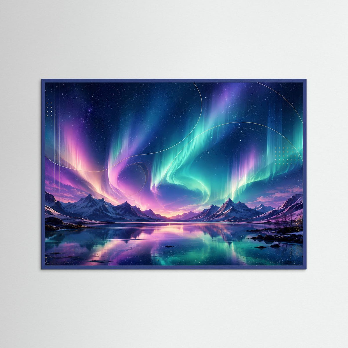 Poster im Querformat mit Nordlicht über Berglandschaft und See, im grauen Rahmen, Blau-Violett