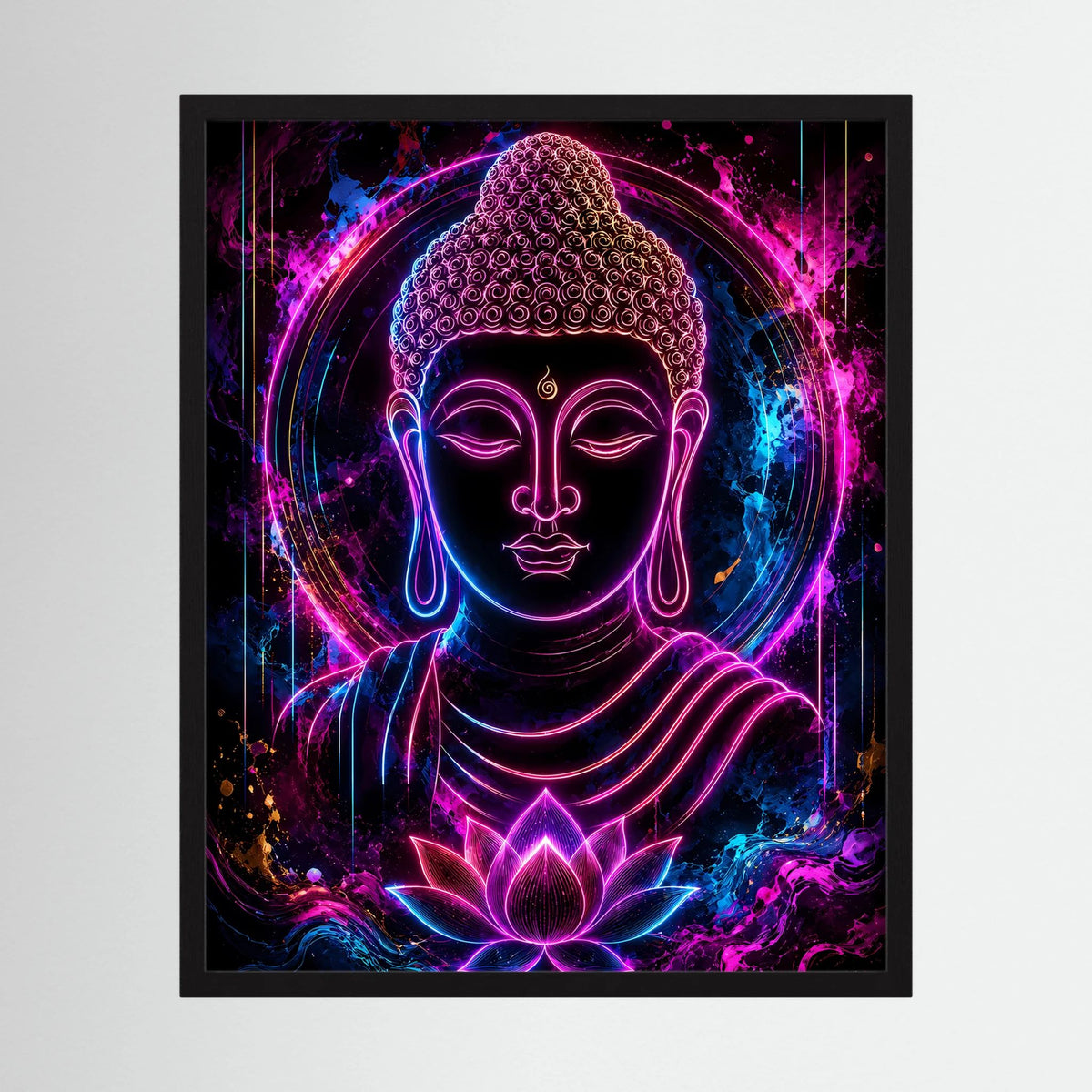 Neon-Buddha mit Lotus im Kreis, farbiges Rahmenbild mit schwarzem Rand.