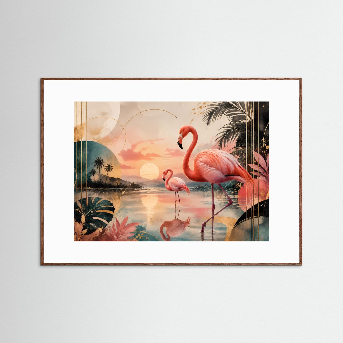 Elegante Flamingos in tropischer Lagune bei Sonnenuntergang | Exotische Flamingo Wandkunst in Rosa, Petrol, Gold & Creme | Modernes Tier Poster im Querformat mit Palmen und abstrakten Formen